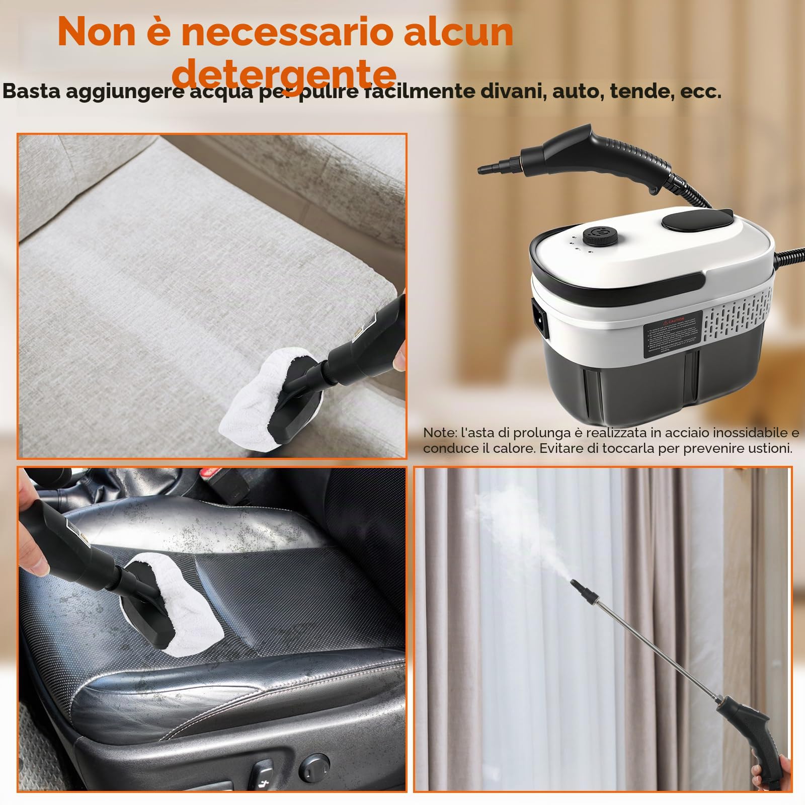 Pulitore a vapore portatile, 2500 W, pulitore a vapore ad alta pressione per casa, serbatoio dell'acqua da 1,6 l, pulitore a vapore regolabile a 3 livelli per finestre della cucina auto