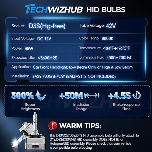 Miniatura 5 de TechWizHub D3S HID - Bombillas para faros delanteros de xenón 8000K, color blanco azulado de 35 W, haz altobajo, repuesto 66340 42403 42302 42302C1,