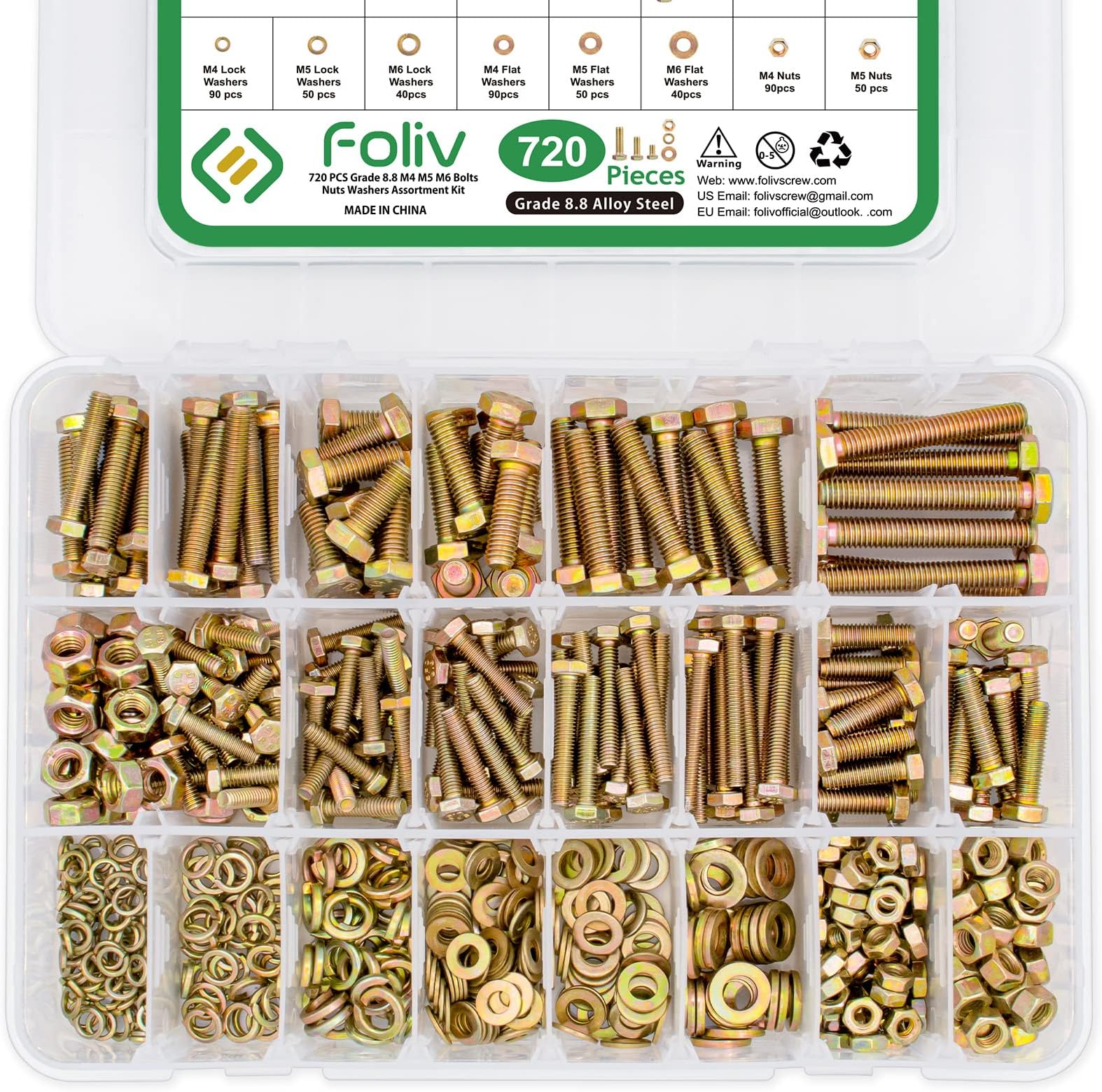 FOLIV 720pcs Grade 8.8 Metric Bolt Assortment, M4 M5 M6 Heavy Duty Metric Nut...