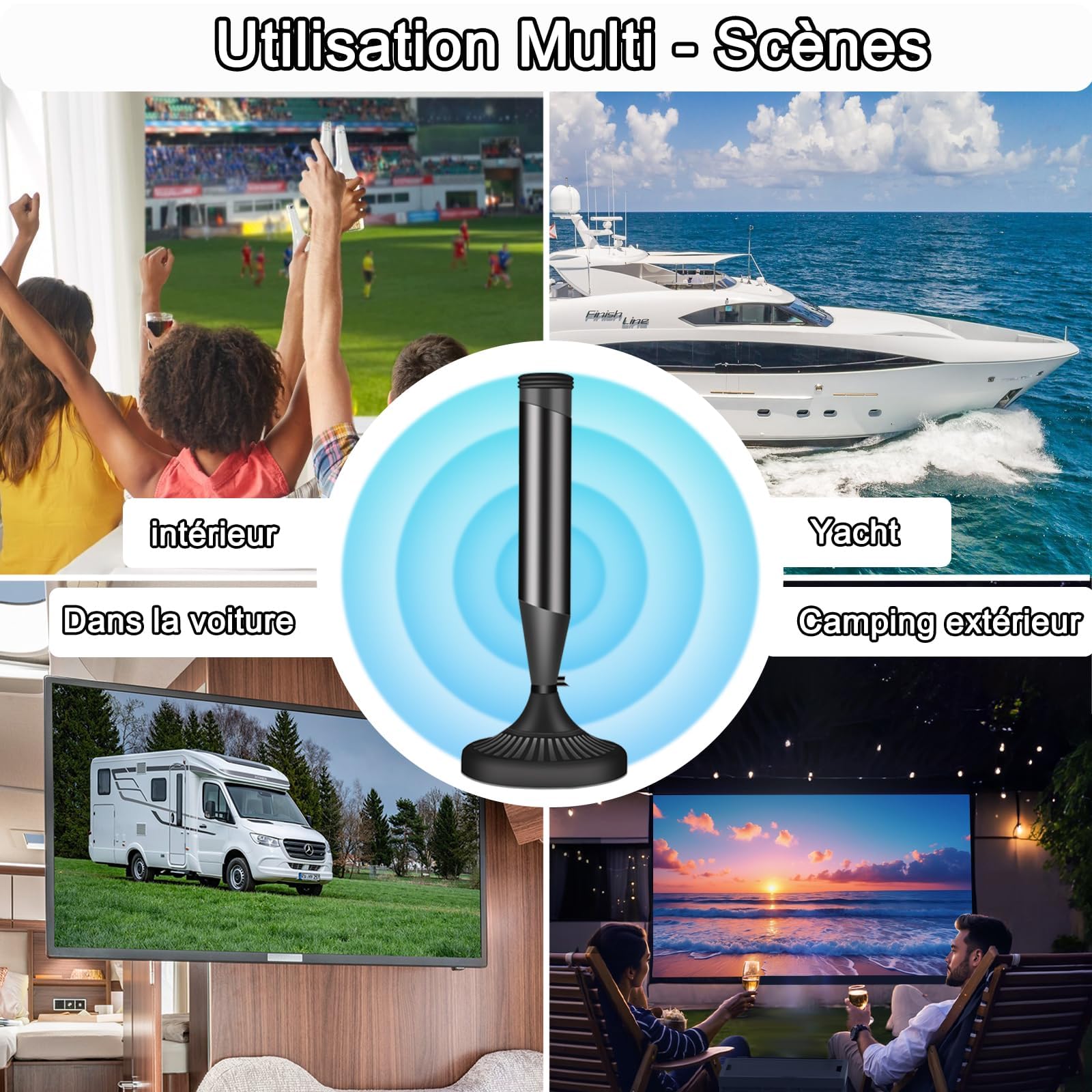 Antenne TV Intérieur Puissante avec Base Magnétique et Amplificateur, Compatible 4K 1080P pour Toutes Les Chaînes Gratuites TNT, Câble Coaxial 5m (Black-410)