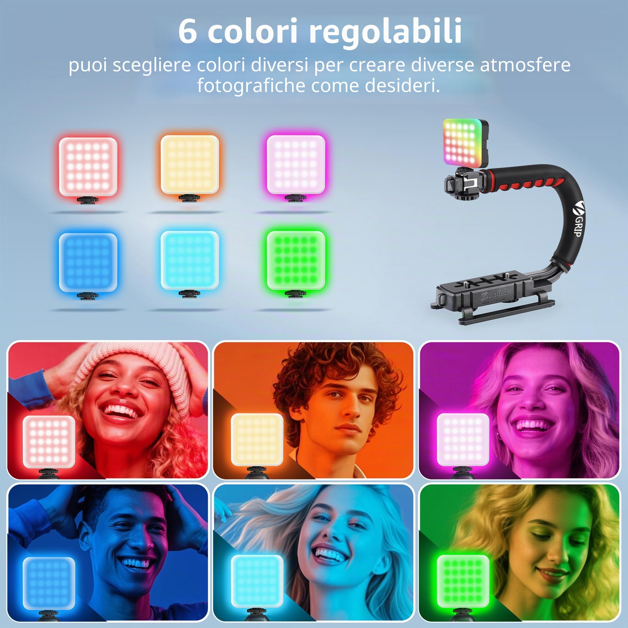 Zeadio Kit Video Rig Tutto in Uno con Stabilizzatore per Smartphone, Gabbia, Luce RGB, Microfono e Adattatore Action Camera, Compatibile con Smartphone, Action Cam, Videocamere, ecc