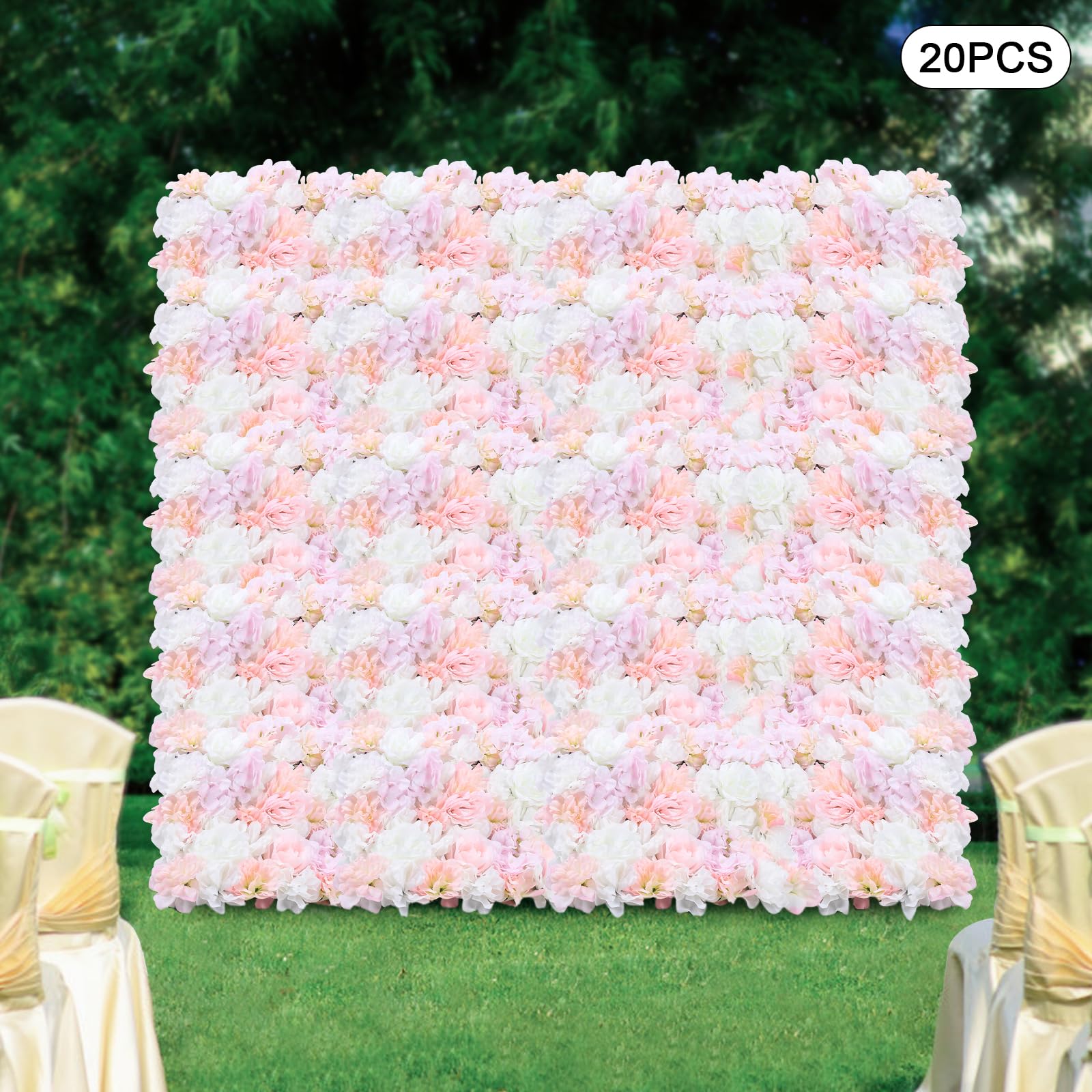 WooDerson 20 paneles de pared de flores artificiales, 60 x 40 cm, flores artificiales, grandes rosa+blancas, paneles de pared para bodas, edificios de fotografía, tiendas de ropa