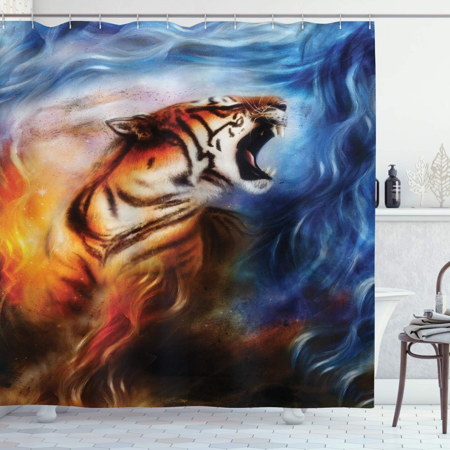 Ambesonne Savannah Shower Curtain, Wild and Angry Tiger Portrait Blue Brave Mammal Forest King Roar Print, Cloth Fabric Bathroom Decor Set with Hooks, 69" W x 70" L, Orange Black and Blue
