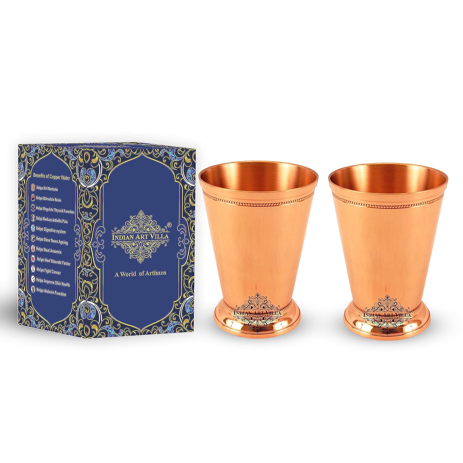 Indian Art Villa Copper Big Top Tumbler Cup with two Designer Rings 10 Oz Elegant Drinkware Serveware for