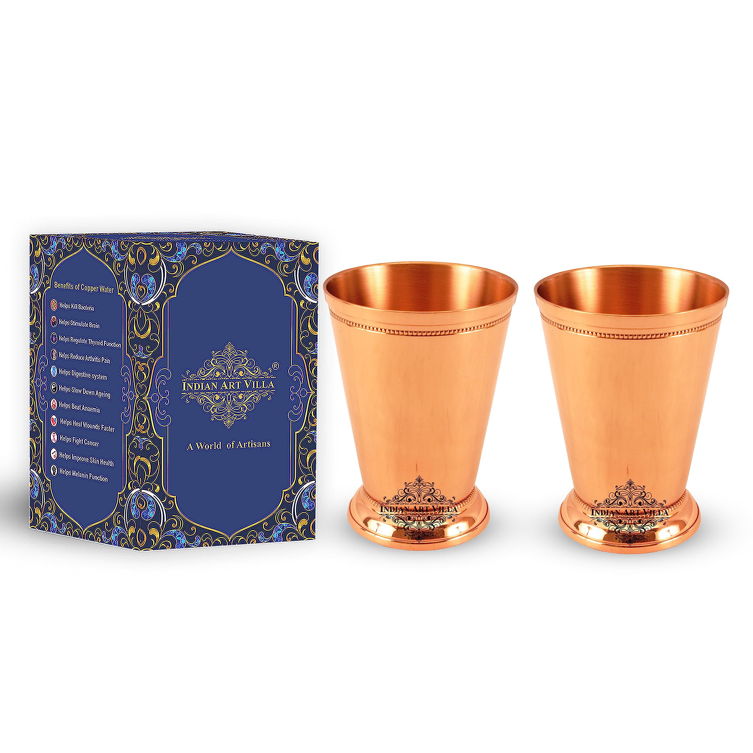 Indian Art Villa Copper Big Top Tumbler Cup with two Designer Rings 10 Oz Elegant Drinkware Serveware for