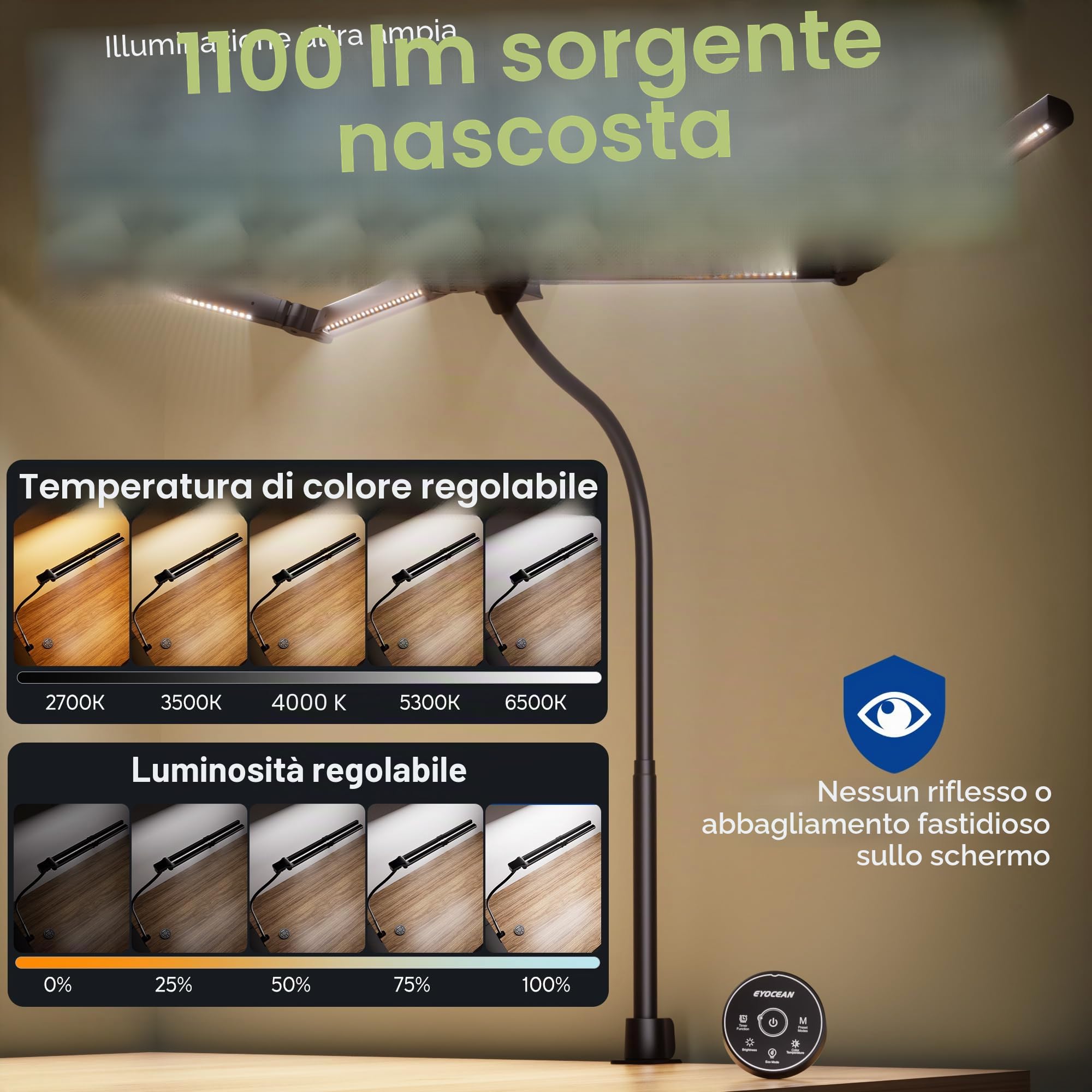 EYOCEAN, lampada da scrivania a 4 sorgenti luminose, 24 W, 100 cm, luce diurna con telecomando, lampada per display dimmerabile, lampada da scrivania a collo di cigno, lampada per ord