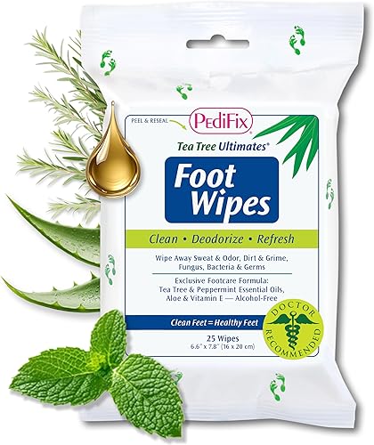 Pedifix Tea Tree ultimates pie Deodorizing Refrescante Toallitas Húmedas de limpieza 6.6"x7.8" 25Pk P3370 fungasoap