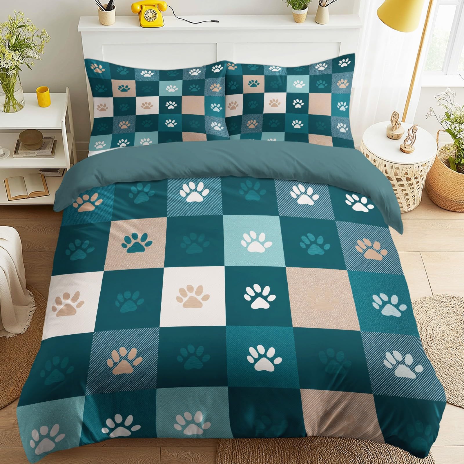 Housse couette bleu canard géométrique moderne 200x200 parure lit adulte