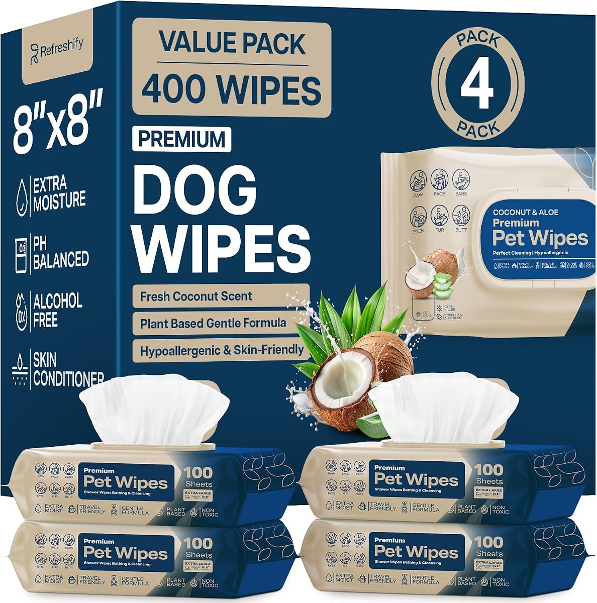 Dog Wipes for Paws and Butt - Coconut Scented (Pack of 400) - Pet Wipes for Dogs and Cats - Deodorizing Non Toxic Dog Wipes, +12 Additional Travel Wipes