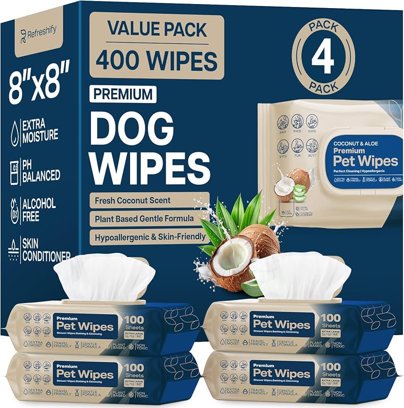 Dog Wipes for Paws and Butt - Coconut Scented (Pack of 400) - Pet Wipes for Dogs and Cats - Deodorizing Non Toxic Dog Wipes, +12 Additional Travel Wipes