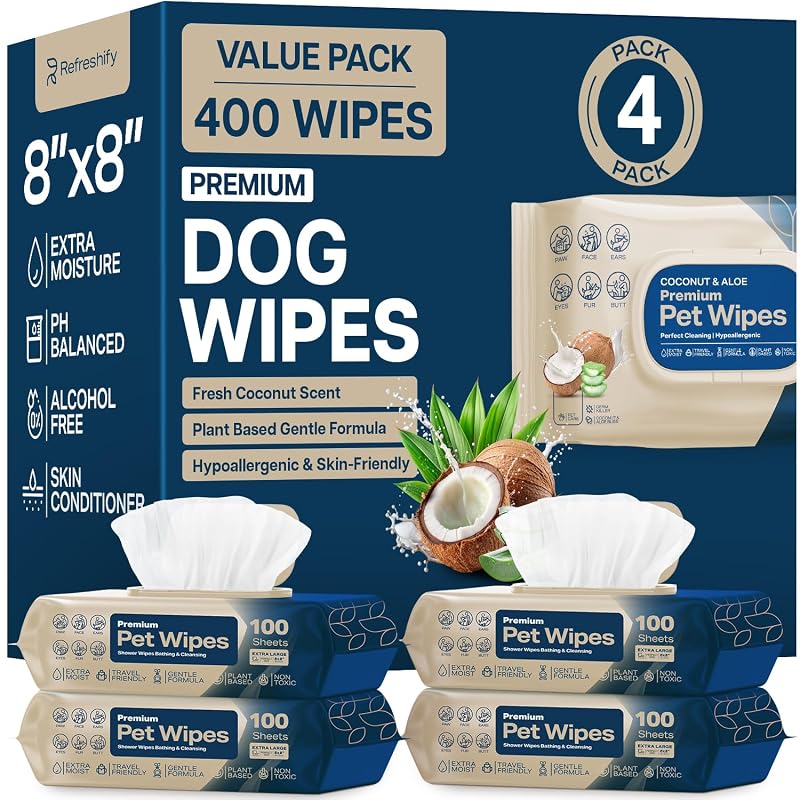 Lenços de Higiene para Cães e Gatos com Aroma de Coco REFRESHIFY para Patas e Limpeza Rápida, Pacote com 412