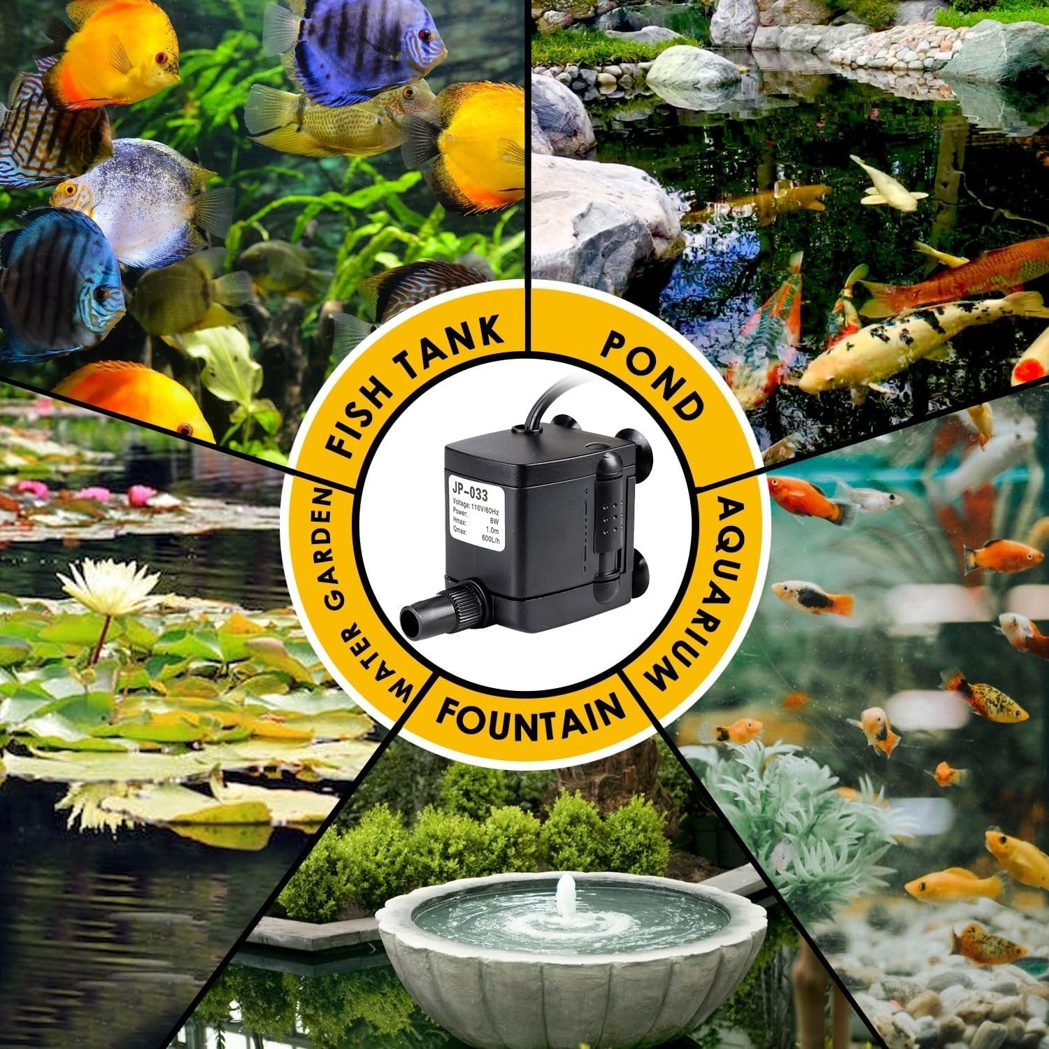 Flexzion Mini Submersible Water Pump for Fountain, Aquarium, Outdoor Pond - 160GPH 8Watt Small Hydroponic Water Pump, Low-Noise, Adjustable Flow Fish Tank Pump, Fresh & Saltwater Outdoor Water Pump