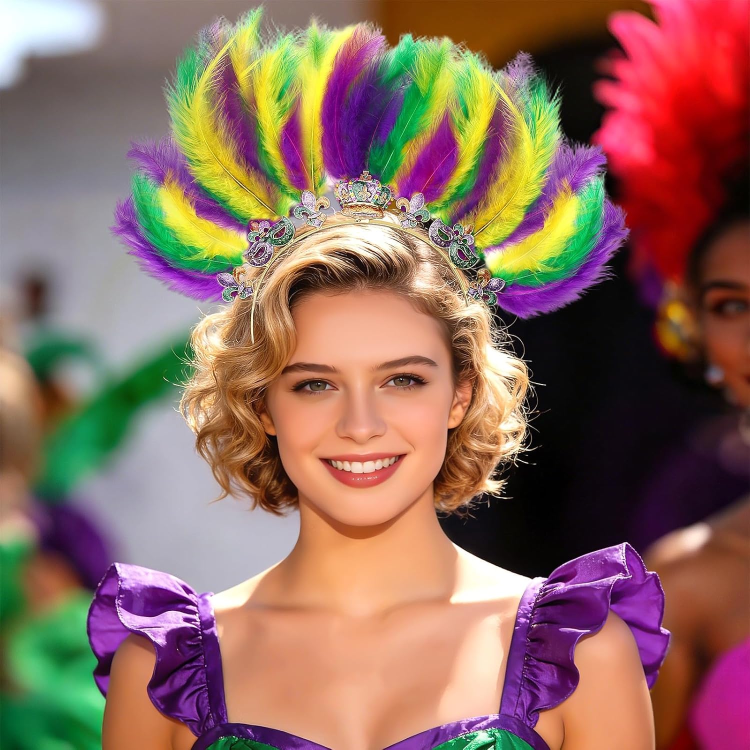 Mardi for Gras Headband, Mardi for Gras Hair Accessories Purple Gold Green Feather Headband for Women Fleur De Lis Headpiece for Masquerade Festival Carnival Costume Party - Image 2