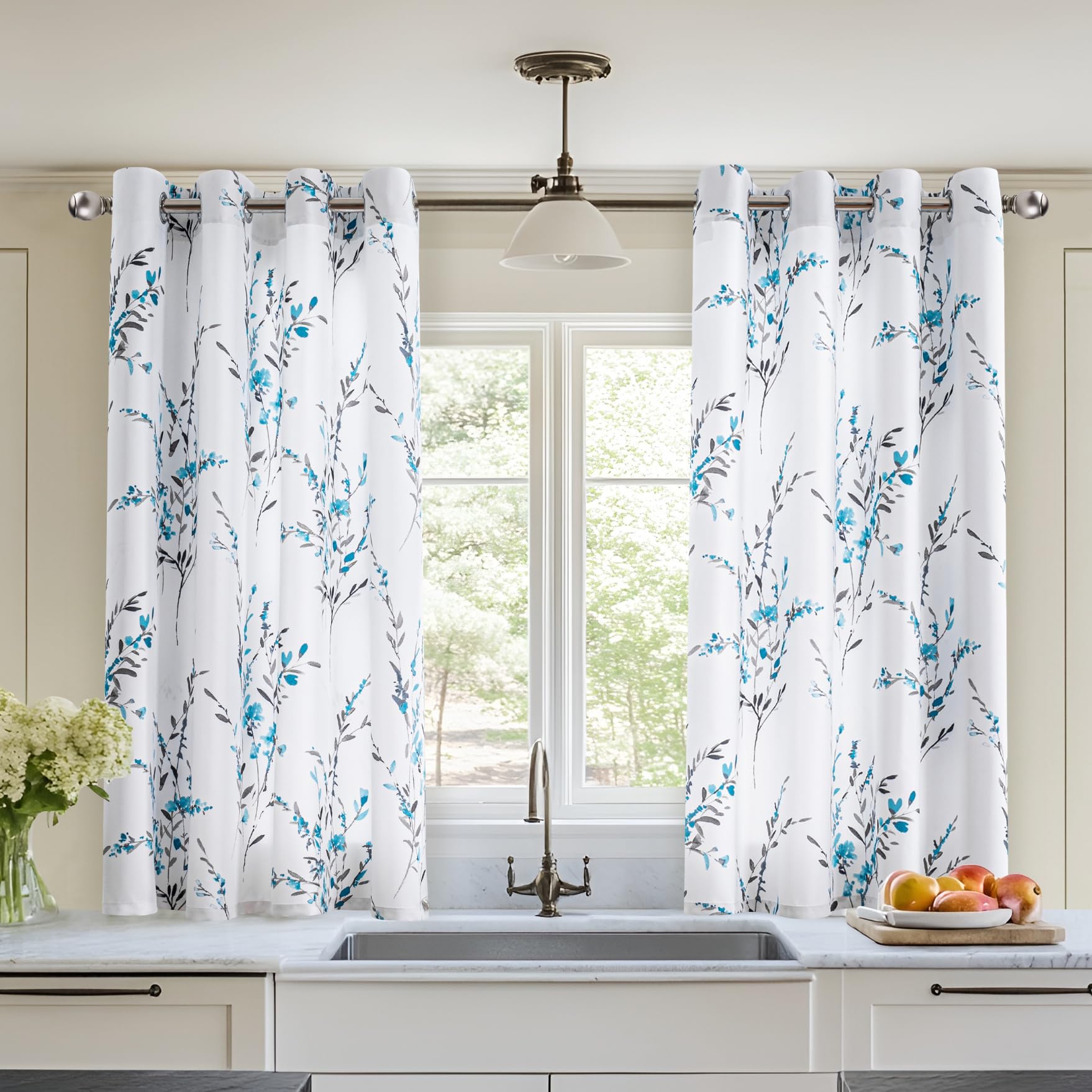 MYSKY HOME Floral Curtains 45 Inches Long for Kitchen Dormer Window Thermal Insulated Light Filtering for Bedroom Grommet Leaf Flower Printed Curtains, 2 Panels, Teal