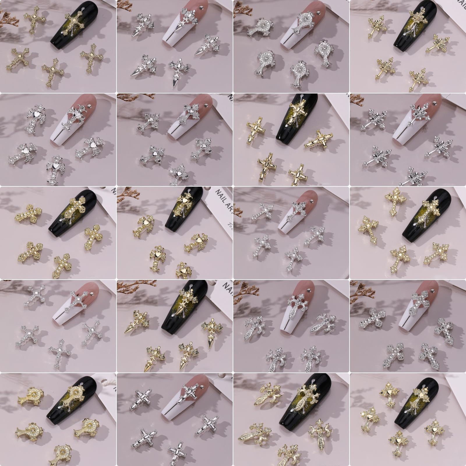 Cross Nail Charms,80Pcs Gold Silver Metal Cross Charms for Nails,3D Nail Studs and Rhinestones for Manicure Design Decorations DIY Crafts (D Gold Silver) - Image 4