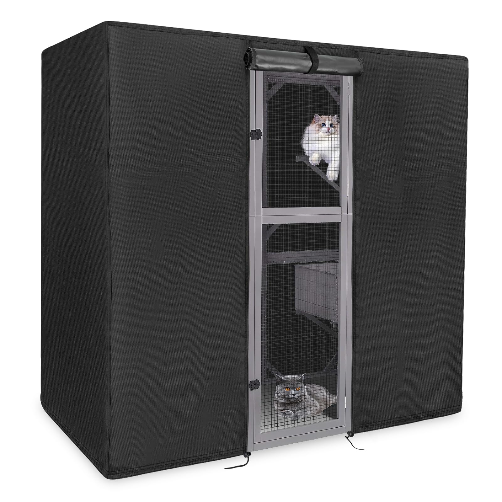Kingling Outdoor Cat House Cover - Outdoor Cat Cage Cover Waterproof Fits for Large Cat House, Feral Cattery Enclosure Cover for Cat Houses & Condos (Cover Only), Black, 197x93x177 cm