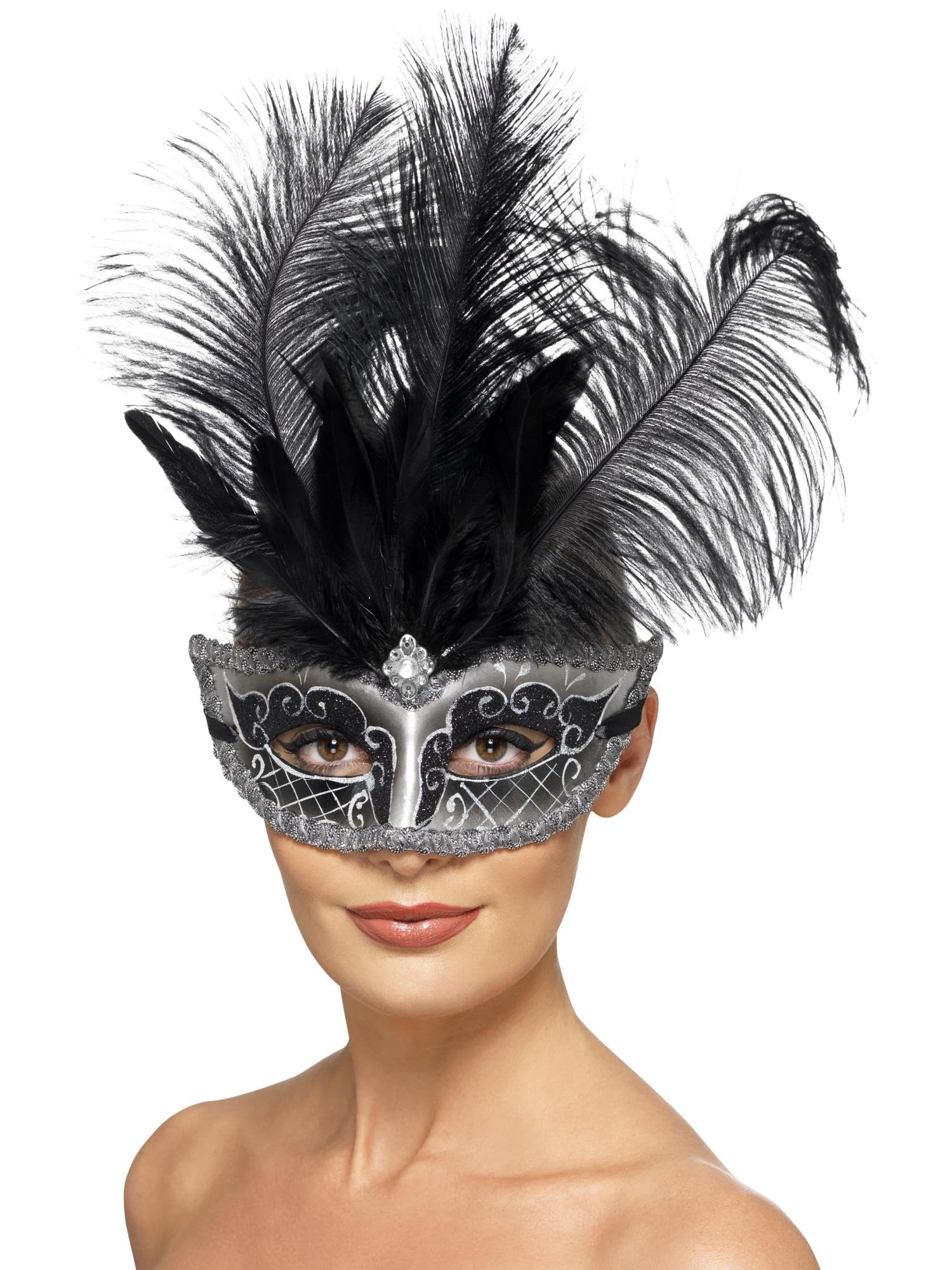 Smiffys Venetian Colombina Eyemask, Grey with Black Plumes, Eyemasks Fancy Dress, Adult Dress Up Eye masks Halloween