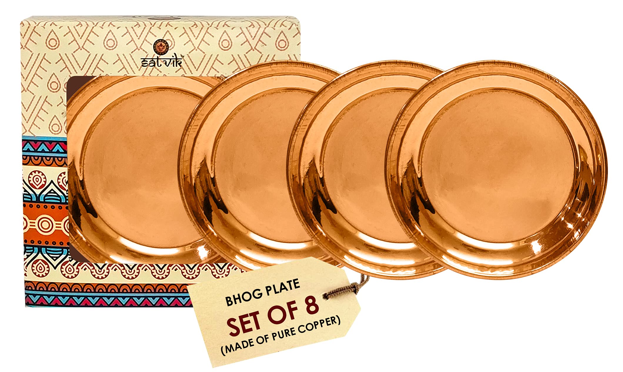 SATVIK Set of 8 Pc Pure Copper Pujan Prasad Bhog Thali Mandir Temple Indian Hindu Rituals Diwali Festive Kahnaji Bhog Puja Plate