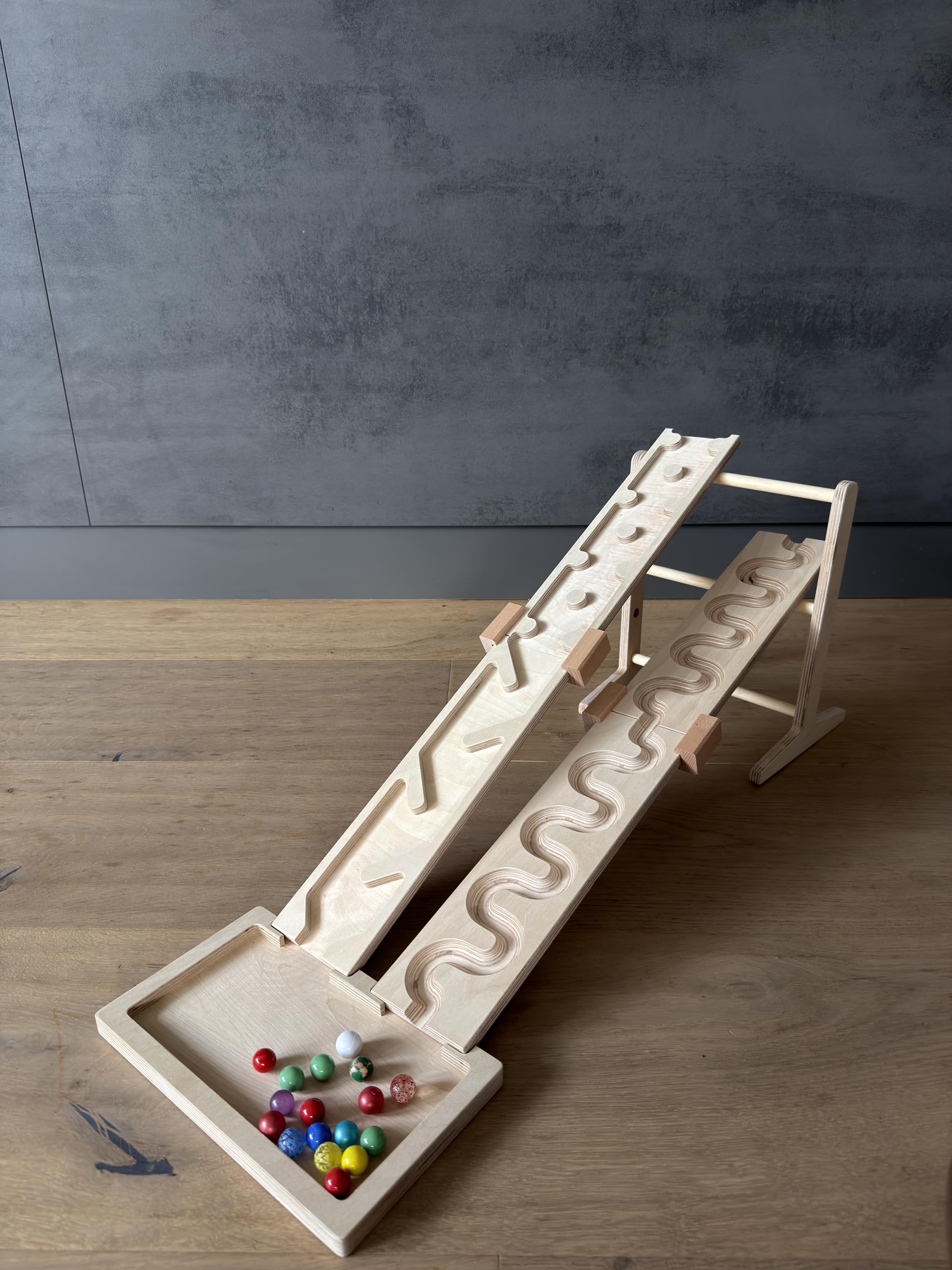 Murmelbahn-Set 2er Kombi, Schlängelplatten, Hinternissplatten, Wettrennen Turm, Auffangschale Kugelbahn Holzspielzeug