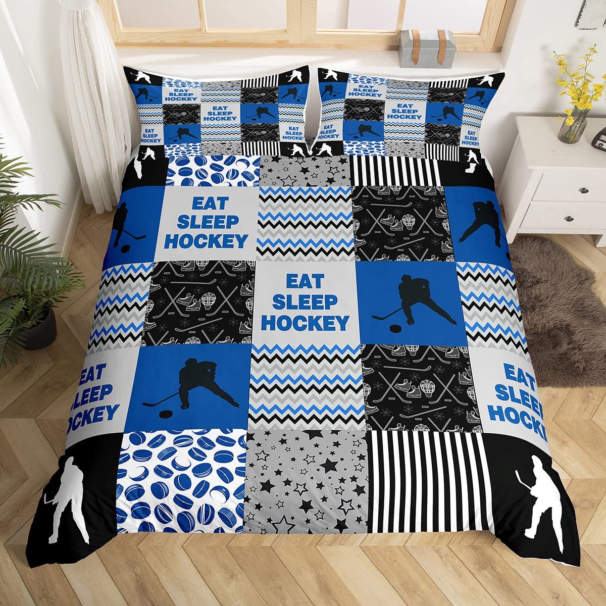 Ice Hockey Bedding Set for Kids - Breathable Geometric Print for Boys Girls Winter Sports - Blue Super King Size