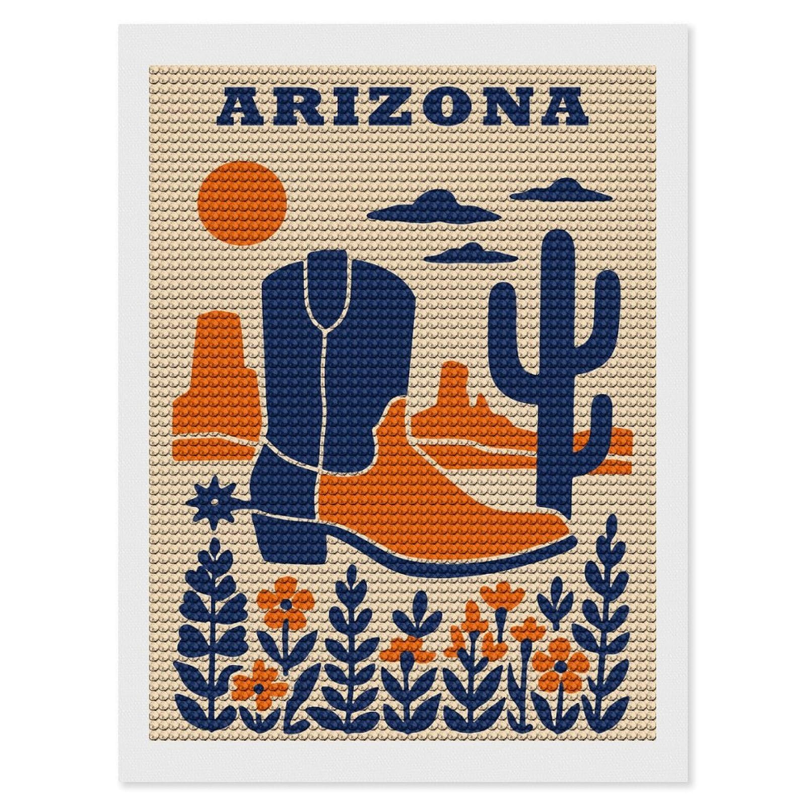 Junmoney Arizona Desert Cowboy Boot Illustration Diamond Painting Kit 12"x16", Festive Craft Gift, Bedroom Decor, Full Kit Included, Creative Gift Idea