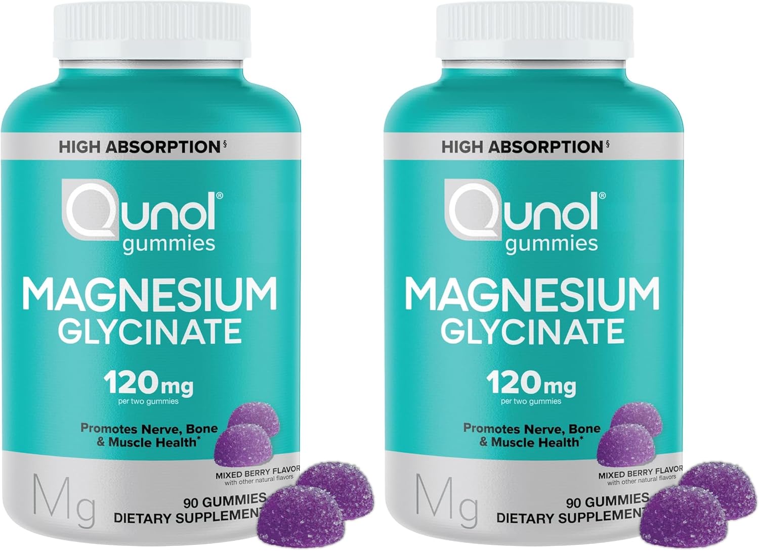 Qunol Magnesium Glycinate Gummies,120mg of Magnesium Glycinate,High Absorption,Mixed Berry,90 Count (Pack of 2)