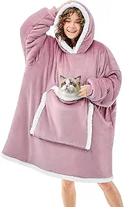 JOYWOO Purple Wearable Blanket Hoodie,Oversized Cat Lovers Sweatshirt Blanket for Adult & Teens, Birthday Gifts for Women Men Mom Girl Boys,Cozy Fuzzy Sherpa Blanket Giant Pocket Gifts,Lavender Small