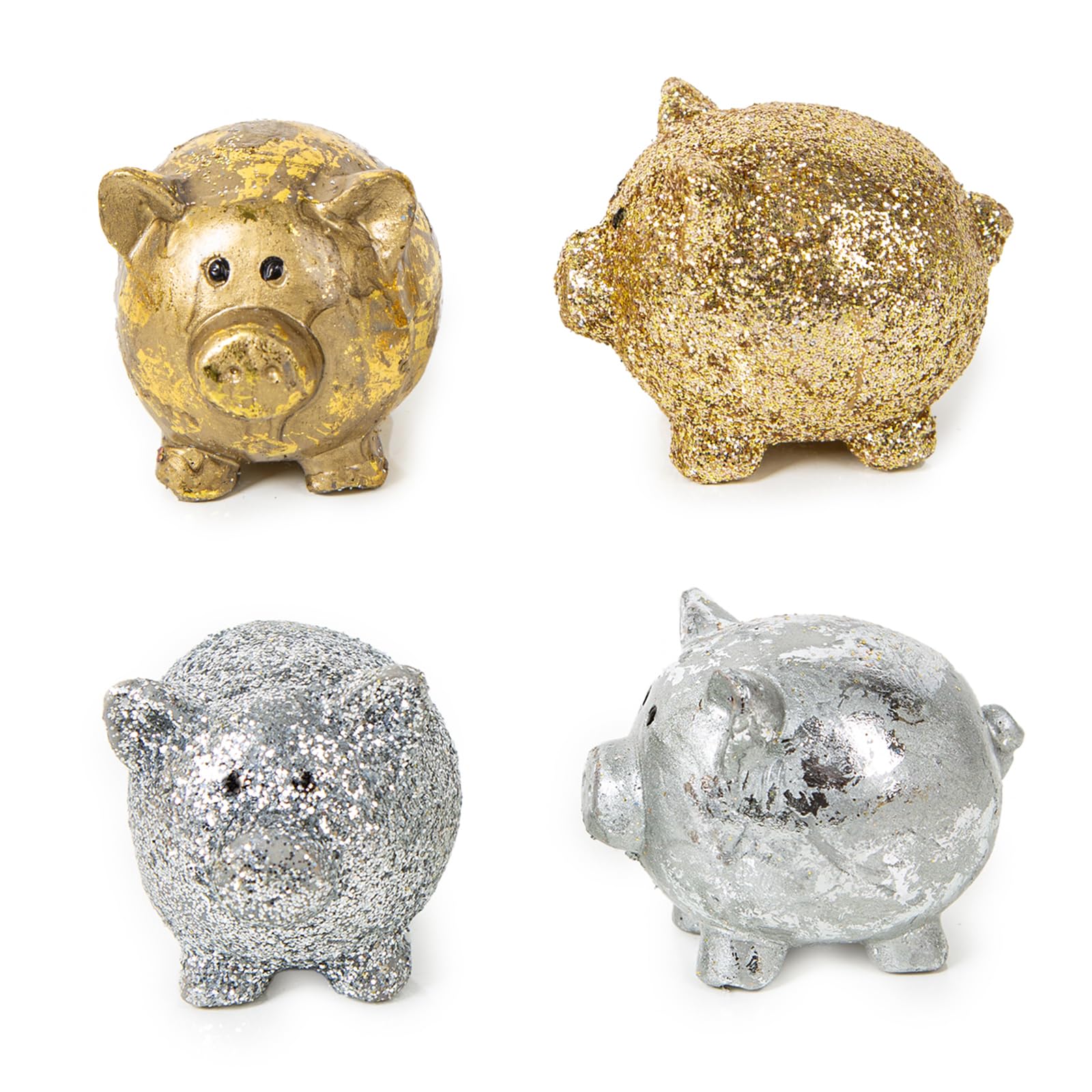 Glücksschweinchen Glücksbringer, 4 Stück: Mini Schweine Silber & Gold, Silvester & Neujahr, Glück für Prüfung, Abitur & Führerscheinprüfung, Geschenk Mann & Frau, Glücksschwein Figuren Klein, 5 cm