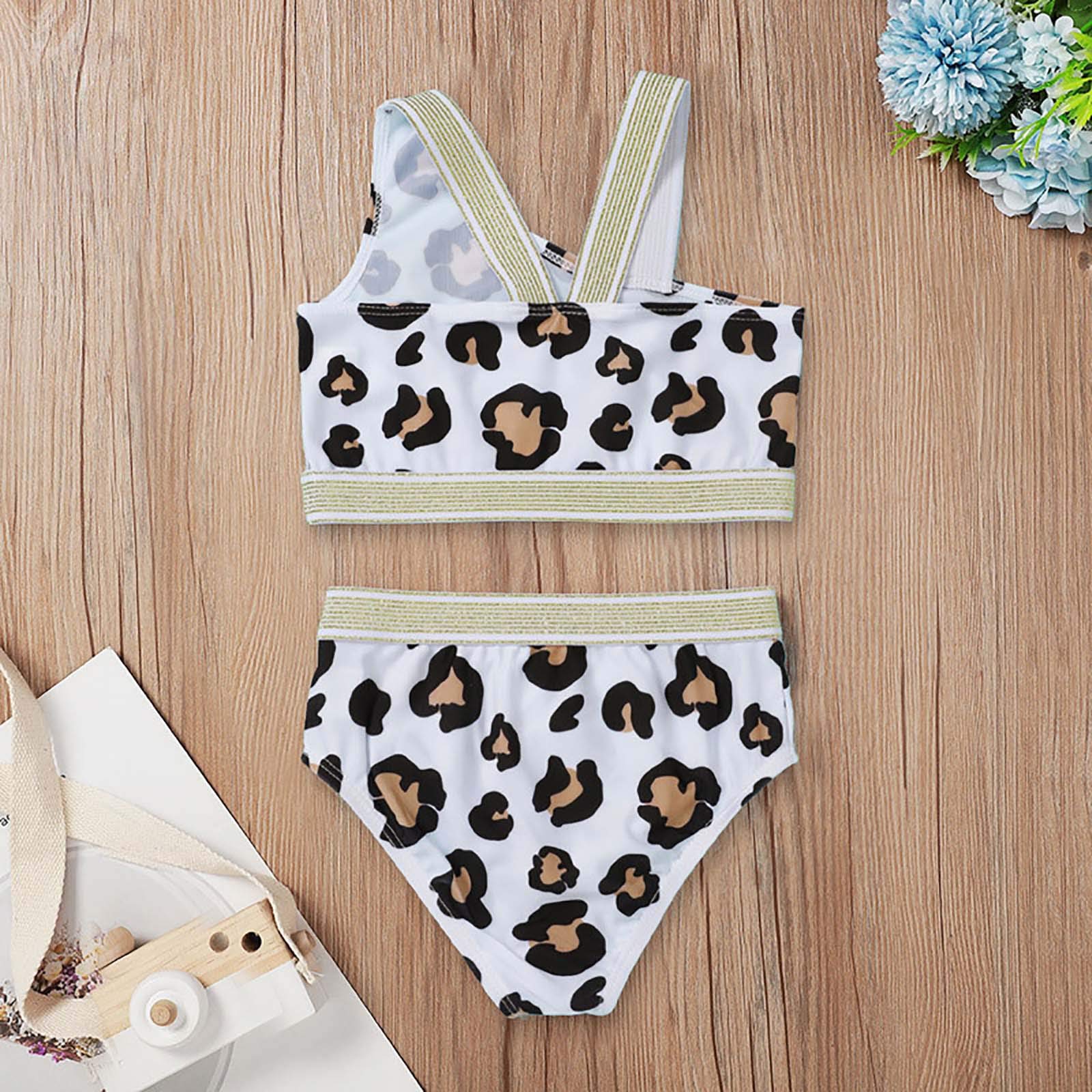 TTAO Baby Girls 2pcs Swimwear One Shoulder Vest Crop Top Bottom Panties Bikini Set Bathing Suit White Leopard Print 2-3