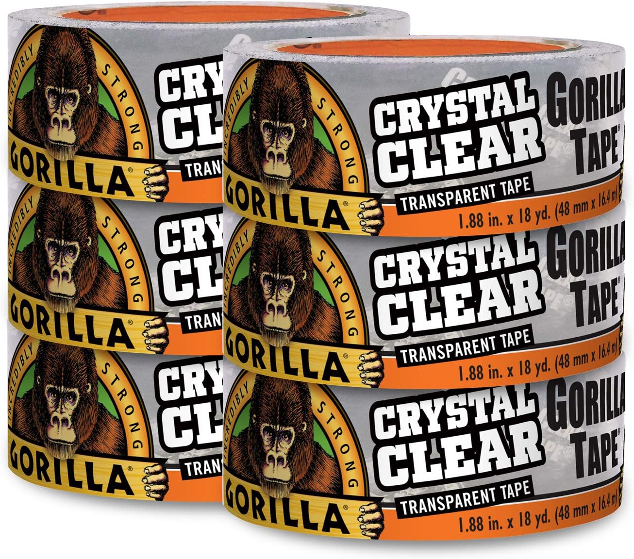 Gorilla Crystal Clear Repair Duct Tape, 1.88” x 18 yd, Clear, (Pack of 6)