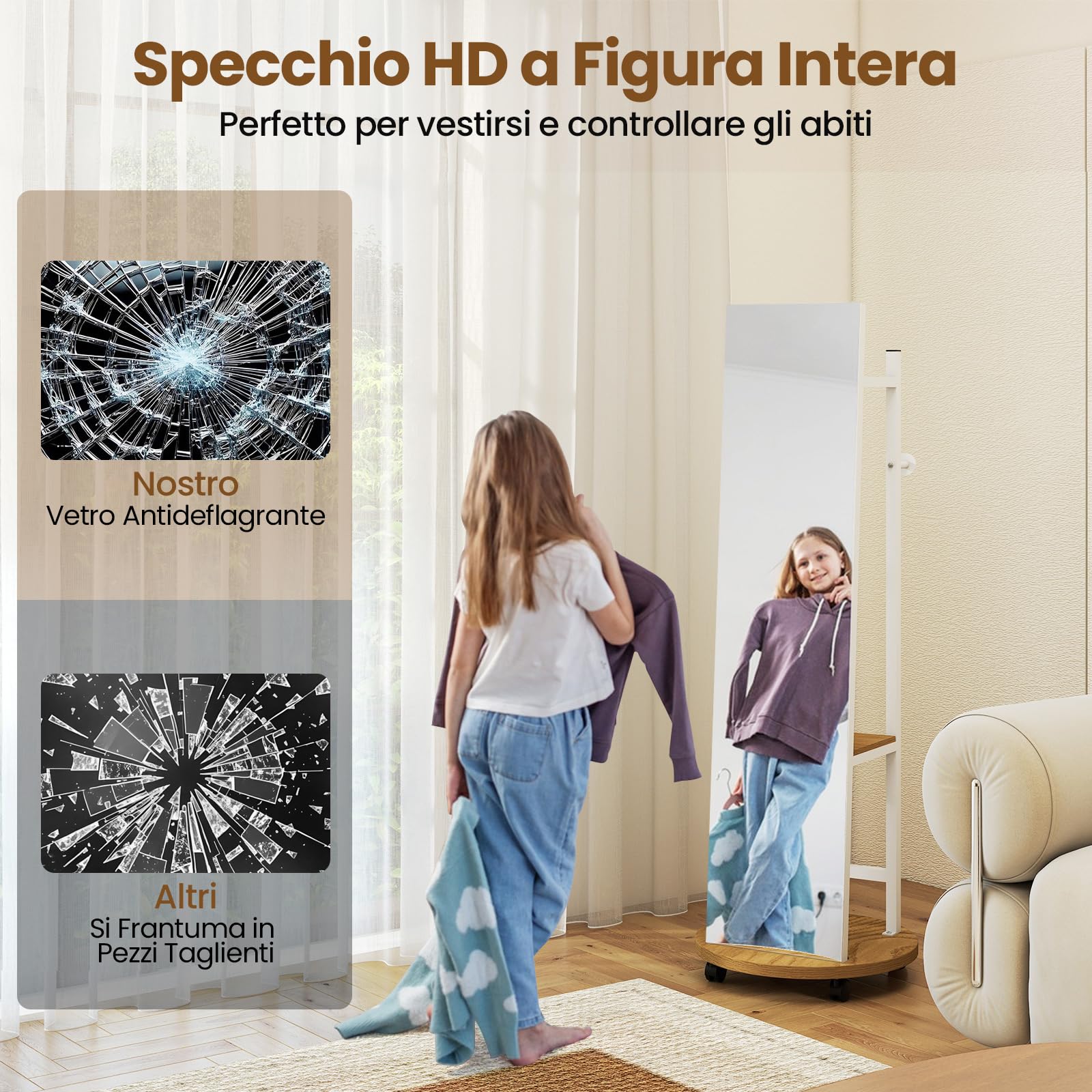 COSTWAY Appendiabiti con Specchio a Figura Intera, Appendiabiti Autoportante con 3 Ganci e Ripiani per Stoccaggio, Specchio da Terra con Ruote per Camera da Letto e Ingresso (Naturale)