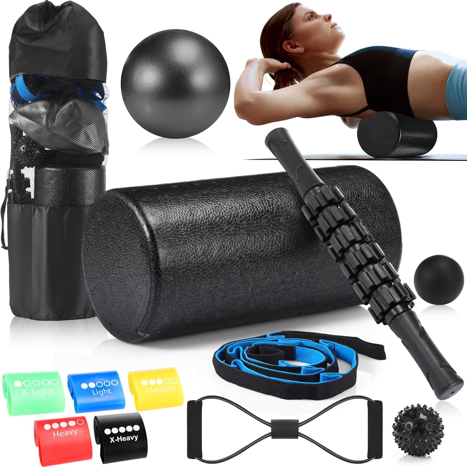 Skylety 8 In1 Foam Roller Set for Deep Muscle Massage, High Density Back Roller Muscle Massager Stick Massage Ball for Whole Body Physical Therapy Exercise Pilates Yoga Back Pain Recovery
