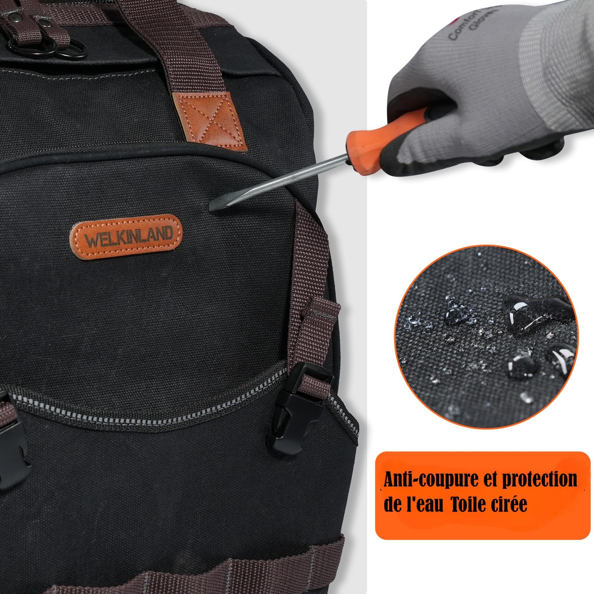 WELKINLAND Sac à dos d’outils HAVC en toile cirée à 88 poches, sac à dos d’outils pour électricien robuste, sac à dos d’outil pour technicien à ouverture supérieure, sac à dos d’outils pour la