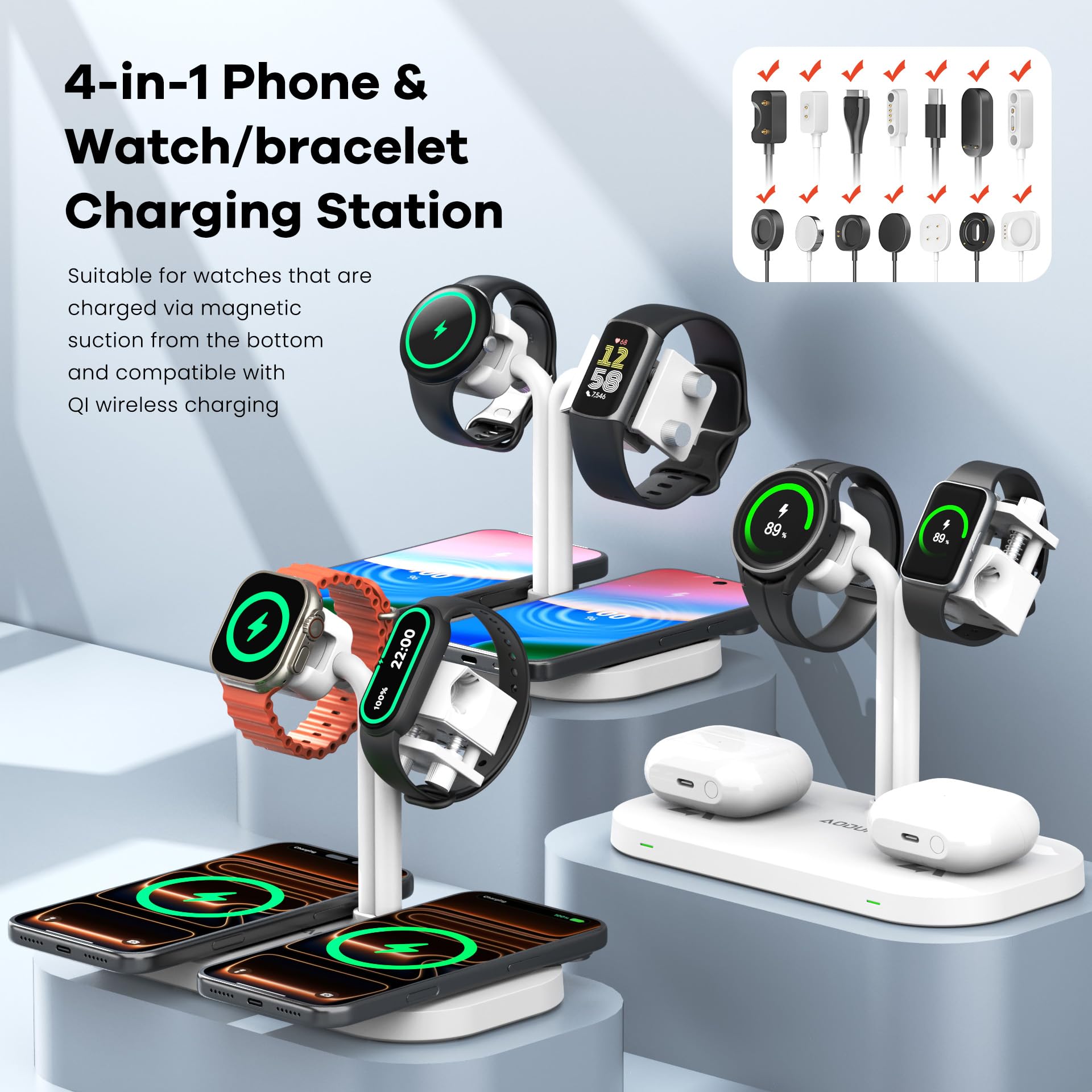 Stazione di ricarica 4 in 1, caricabatterie wireless per doppio telefono e supporto per smartwatch/cinturino, compatibile con iPhone, Samsung e Google, per AirPods, Galaxy Fit, Xiaomi, Amazfit