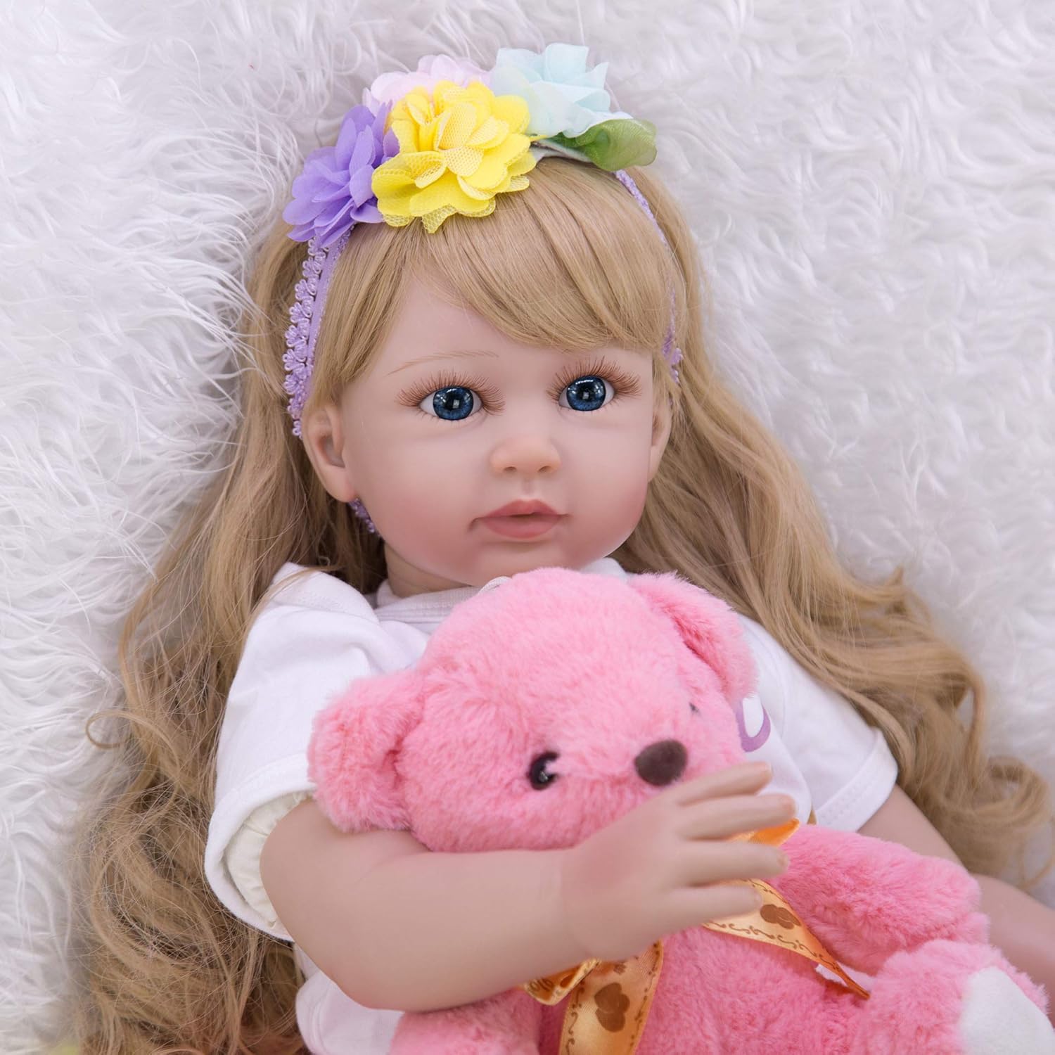 Dolls Toddler Reborn Baby Doll Princess 24 inch Sweet Face Looking Reborn Toddler Dolls Soft Body Snuggle Cuddle Doll with Dolls Accessories Curly Blonde Hair for Gifts