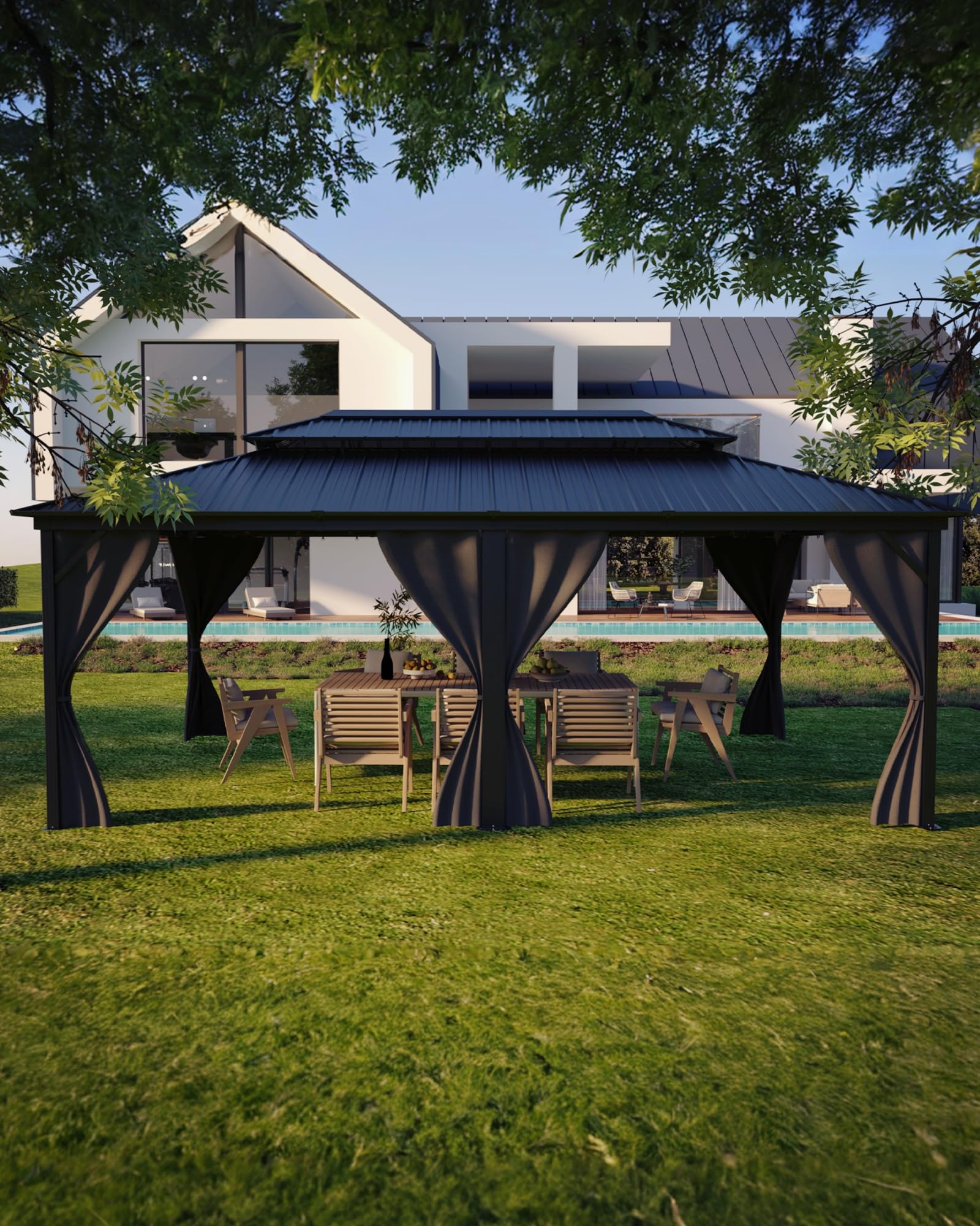 Photo 1 of ** SOLD AS IS NO REFUND/RETURN** SEE COMMENTS 
GarveeLife Hardtop Gazebo 12 ft x20 ft for All Weather, with Double Metal Roof, Net, and Curtain, Permanent Building for Patio, Deck, Backyard, Lawn, and Garden