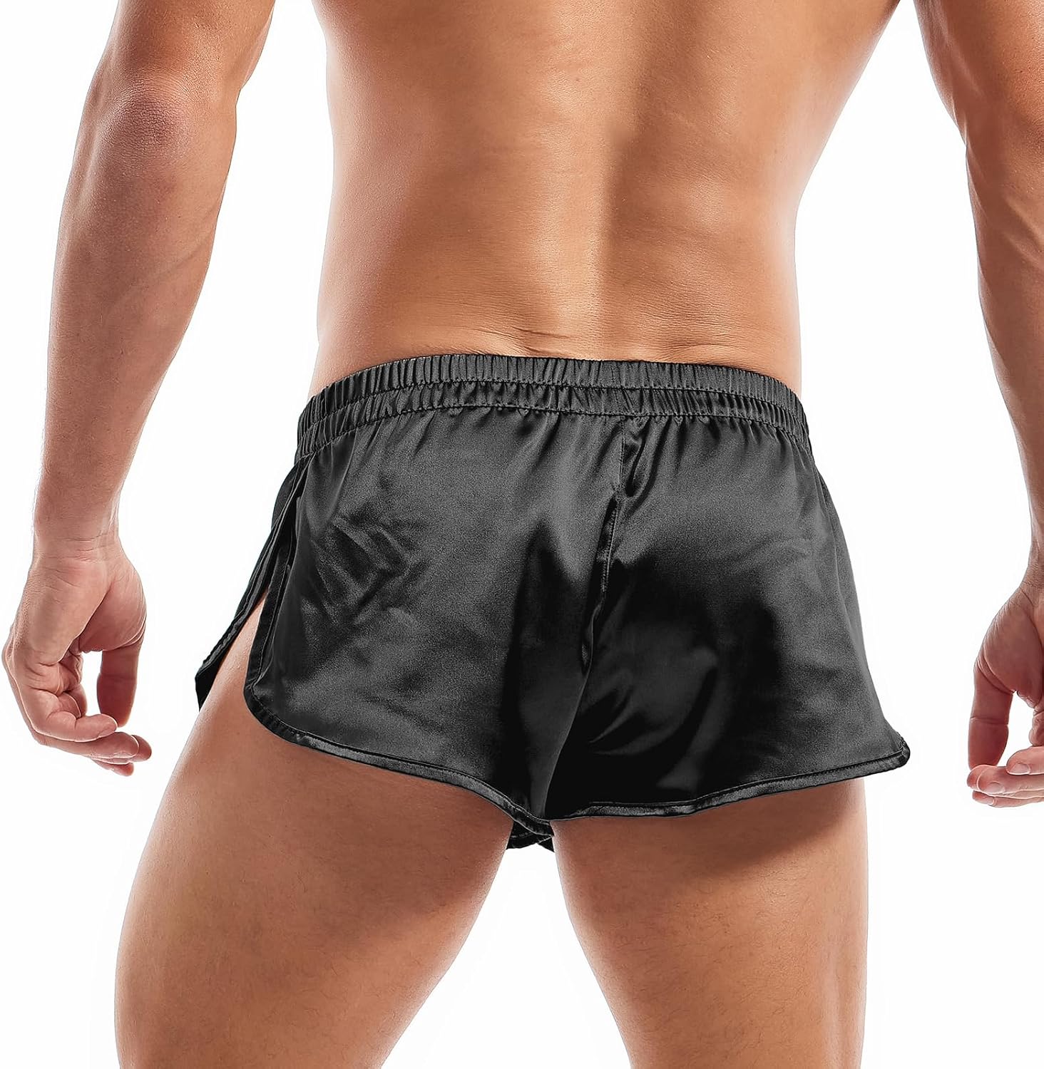 AMY COULEE Mens Sexy Satin Shorts Large Split Side Boxers Silky Pajamas Sleepwear with Pouch Liner