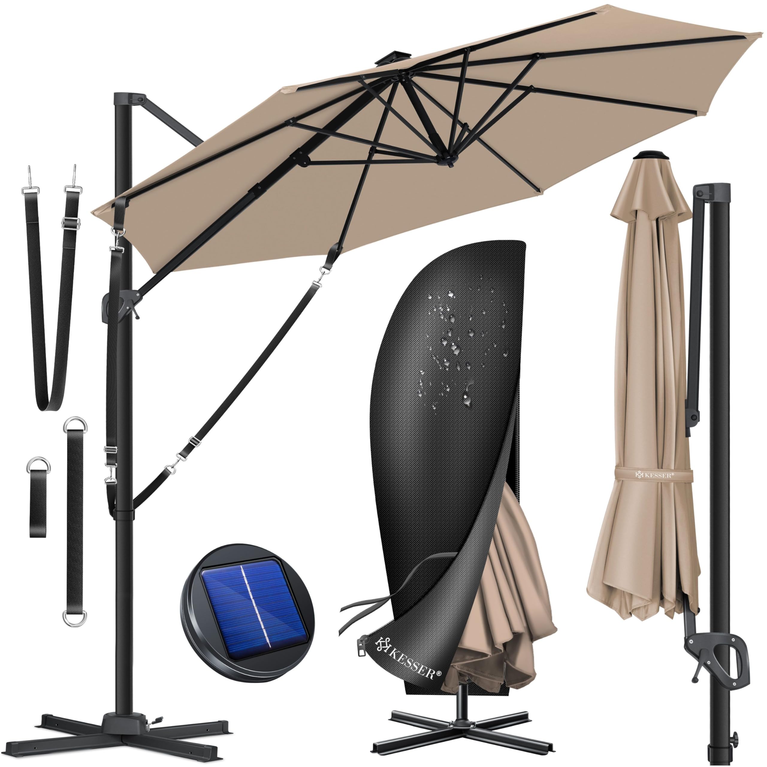 KESSER® Sonnenschirm Ampelschirm SUN Rund XL Ø330 cm, 7-Fach Verstellbar Drehbar Neigbar Kippbar Groß 360° Drehbar Gartenschirm mit Kurbel Sonnenschutz UV50+, Inkl. Windschutz & Abdeckung, Taupe