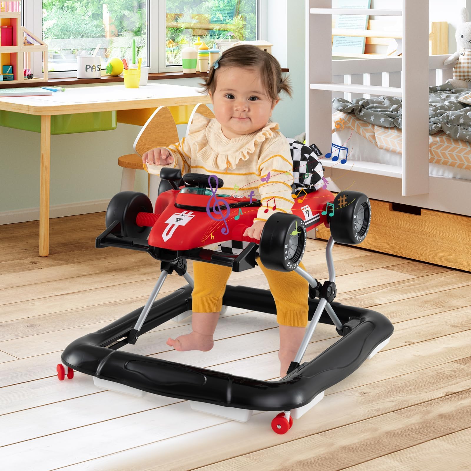 FANTASK 4 in 1 Lauflernhilfe, Lauflernwagen klappbar mit einstellbarer Höhe, mit Lenkrad & Spieluhr, Laufwagen mit Rädern für Baby von 6–18 Monaten