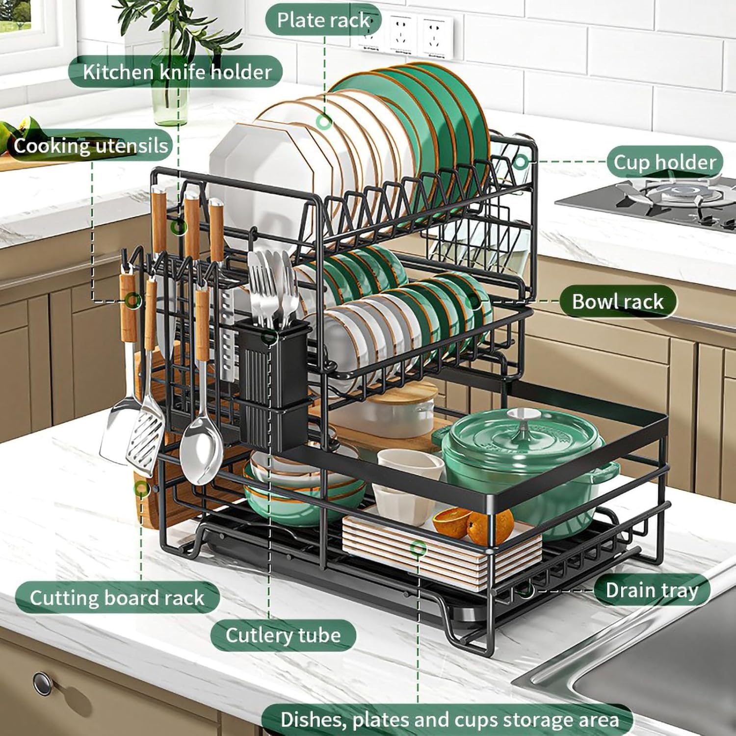 MIUOPUR 3 Tier Detachable Dish Drying Rack with Drainboard, Large Capacity Dish Drainer with Utensil Holder, Space-Saving Kitchen Counter Organizer for Plates, Bowls, Cups, Cutlery, Knifes