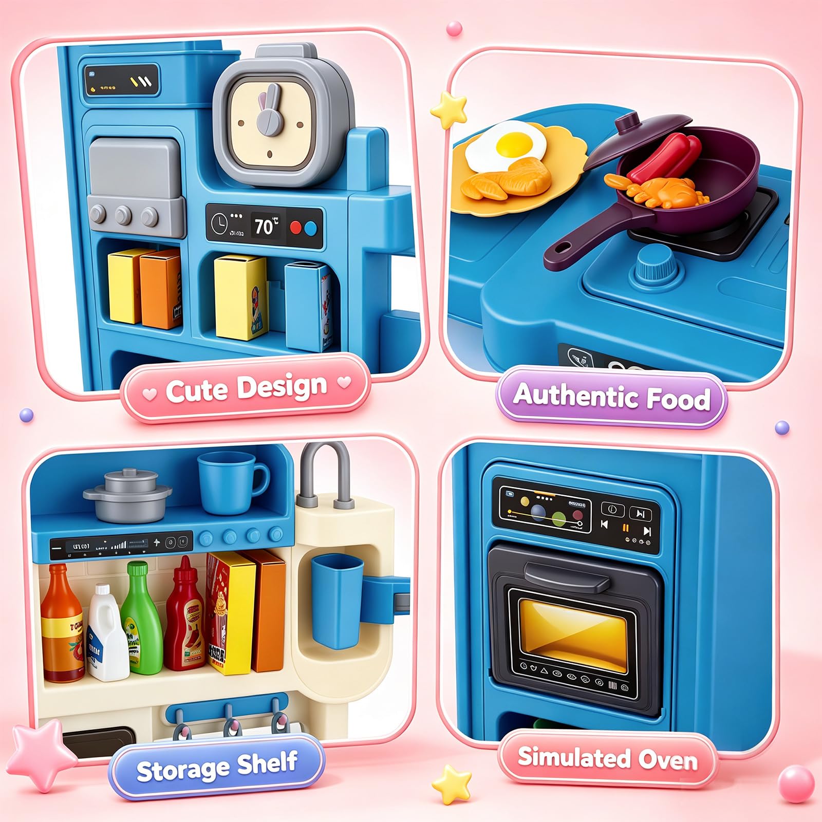 Cuisine Enfant avec 50 Accessoires, Cuisine Jouet avec Lumière, Son & Vapeur, Cuisine Enfant avec Plaque de Cuisson, Évier & Fonction Eau, Cuisine Poupée, Cuisine Jouet pour Enfants dès 3 Ans, Bleu