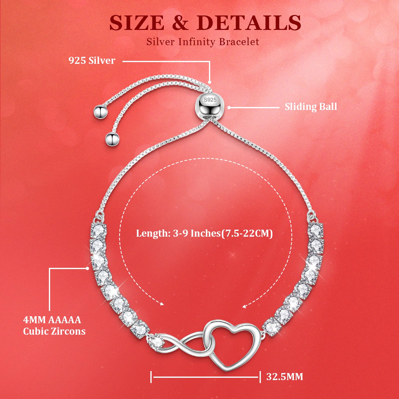 J.Fée Regalo Donna Regalo per Lei, Bracciale Donna Argento 925 con Infinito Cuore Bracciale Argento Regolabile Bracciali Argento Bracciali Donna Regalo per Mamma Amica Ragazza Donna