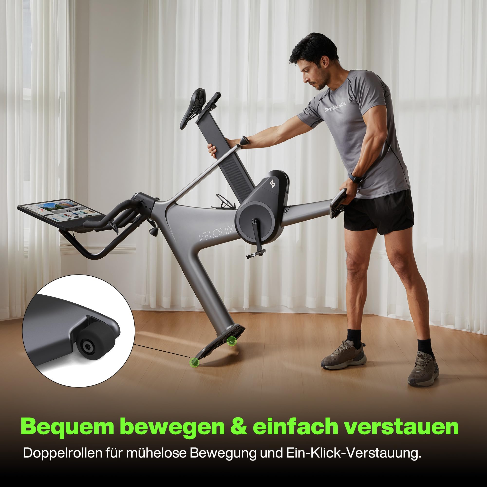 Speediance VeloNix Heimtrainer Fahrrad – Smart Bike mit Steigungs-/Gefällesimulation, 2300 W Powertrain, ±1% Watt-Genauigkeit, 21,5-Zoll Touchscreen, App-Konnektivität
