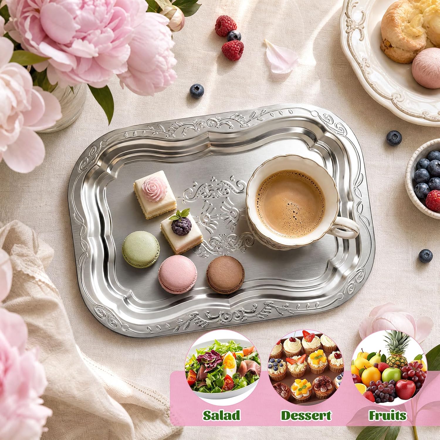 4 Pcs Silver Serving Trays Set - Rectangular Mirror-Finish Floral-Carved Serving Platter— for Appetizers, Desserts, Barbecues, Banquets, and Weddings (13.8 * 9.6in