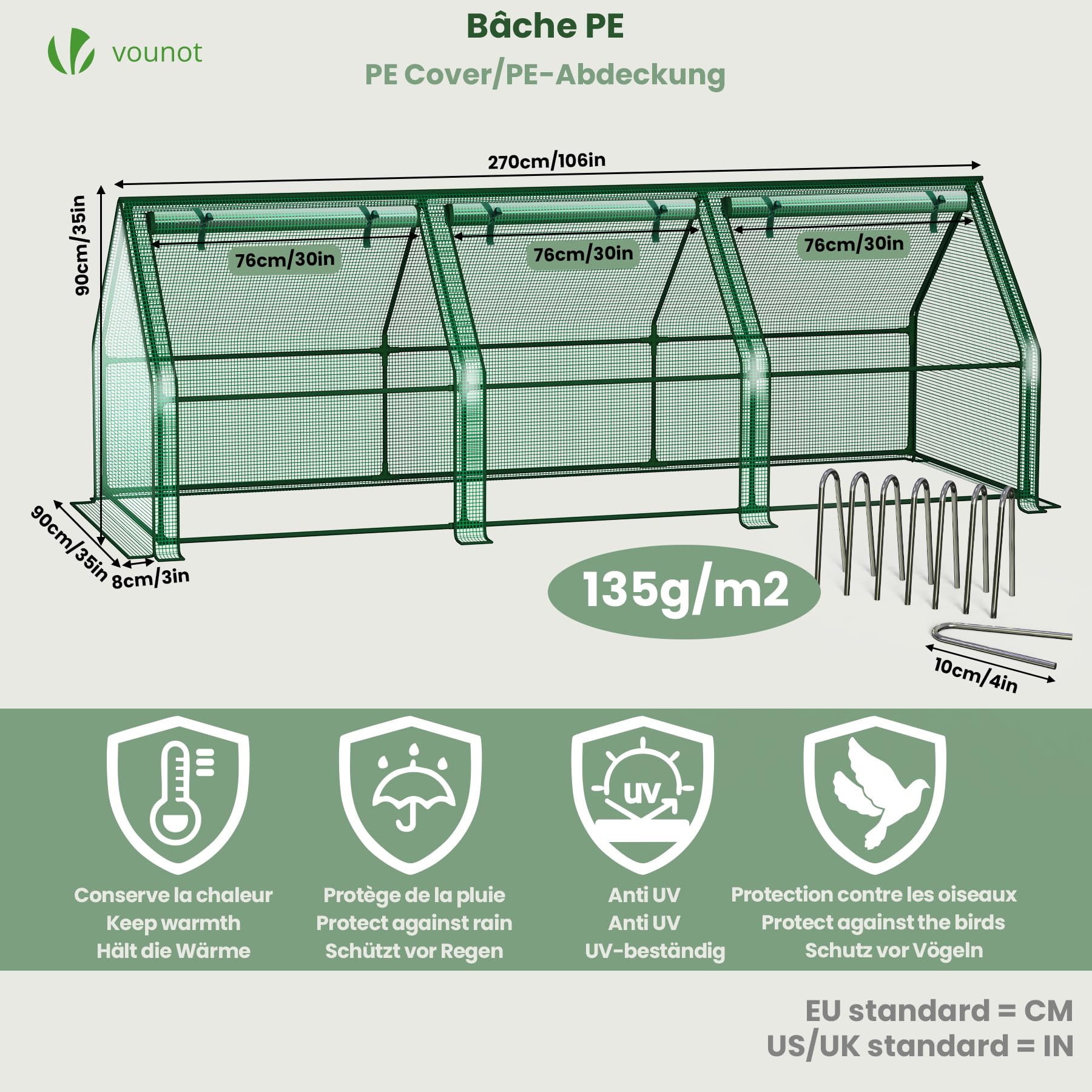 VOUNOT Invernadero de Jardín Mini 270x90x90 cm, con Techo en Punta y 3 Ventanas Enrollables con Cremallera, Cubierta PE Reforzada de 135g/m², para Semilleros, Plantas, Flores y Verduras, Verde