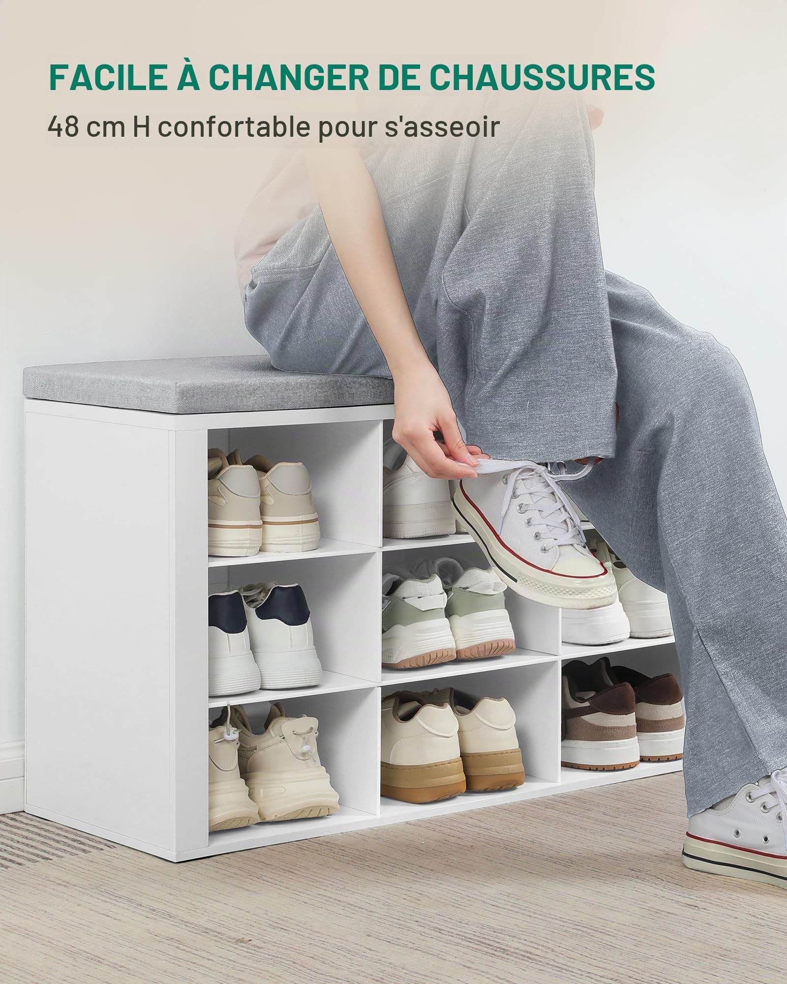 Hzuaneri Banc à Chaussures, Banc de Rangement, 18 Compartiments, Blanc-Gris