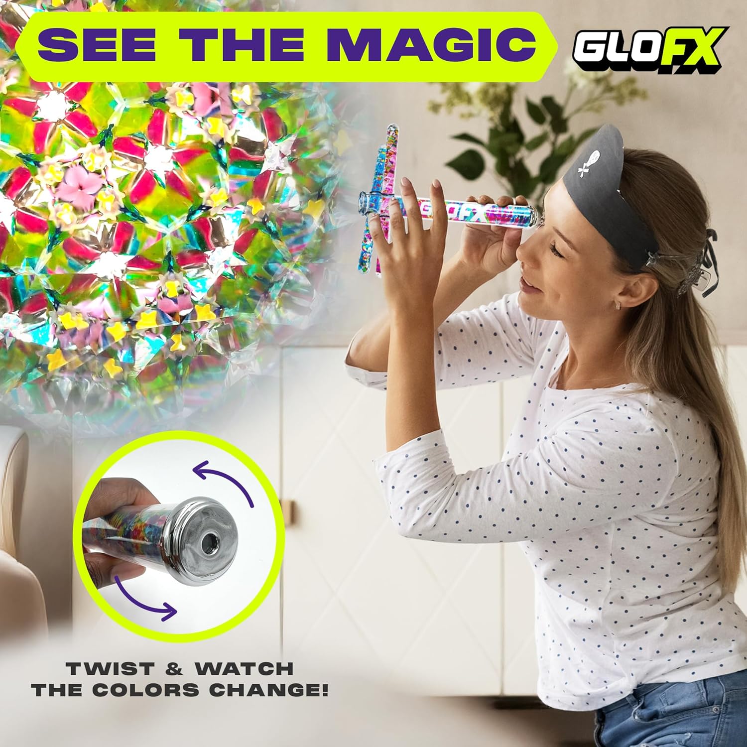 GloFX Rainbow Tie Dye Liquid X Kaleidoscope Tube Toy – Dual Glitter Wands (Pink & Blue) – Includes Kaleidoscope, Wands & Spacers – Ages 15+ Sensory Toy