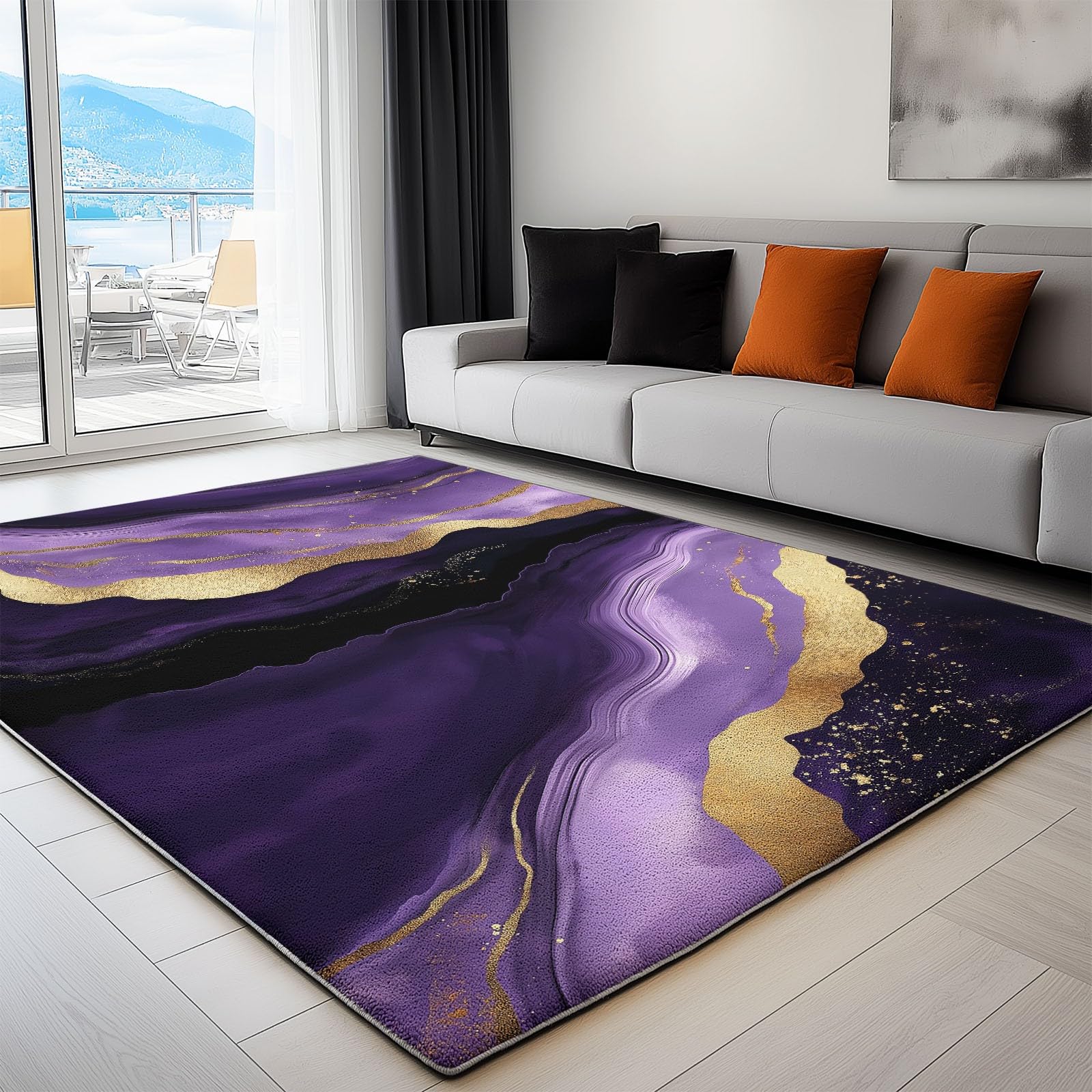 Kwadratowy dywan, 160 x 230 cm, do salonu, sypialni, pod łóżko, mata do biura, dekoracja, akwarela, fioletowy, agat, geoda, zmywalny, miękki, sztuczny krótki runo, antypoślizgowy, antypoślizgowy,