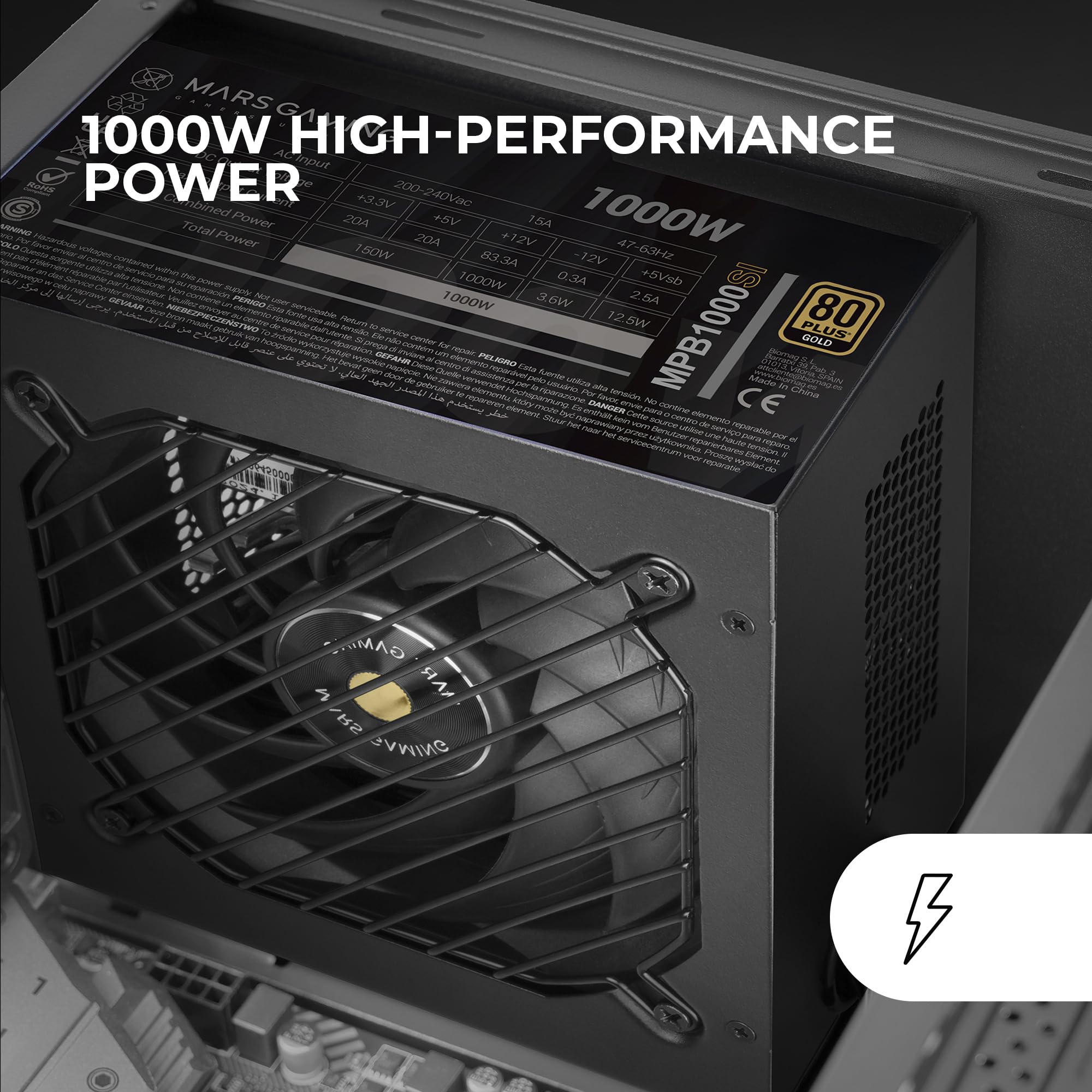 Mars Gaming MPB1000SI, Fuente Alimentación PC ATX 1000W, 7 Años de Garantía, 80Plus Gold 90%, Ventilador SI Extreme Silence con Núcleo de Cobre y Aluminio, Tecnologías AI2-RPM, DC-DC y SMD, Negro