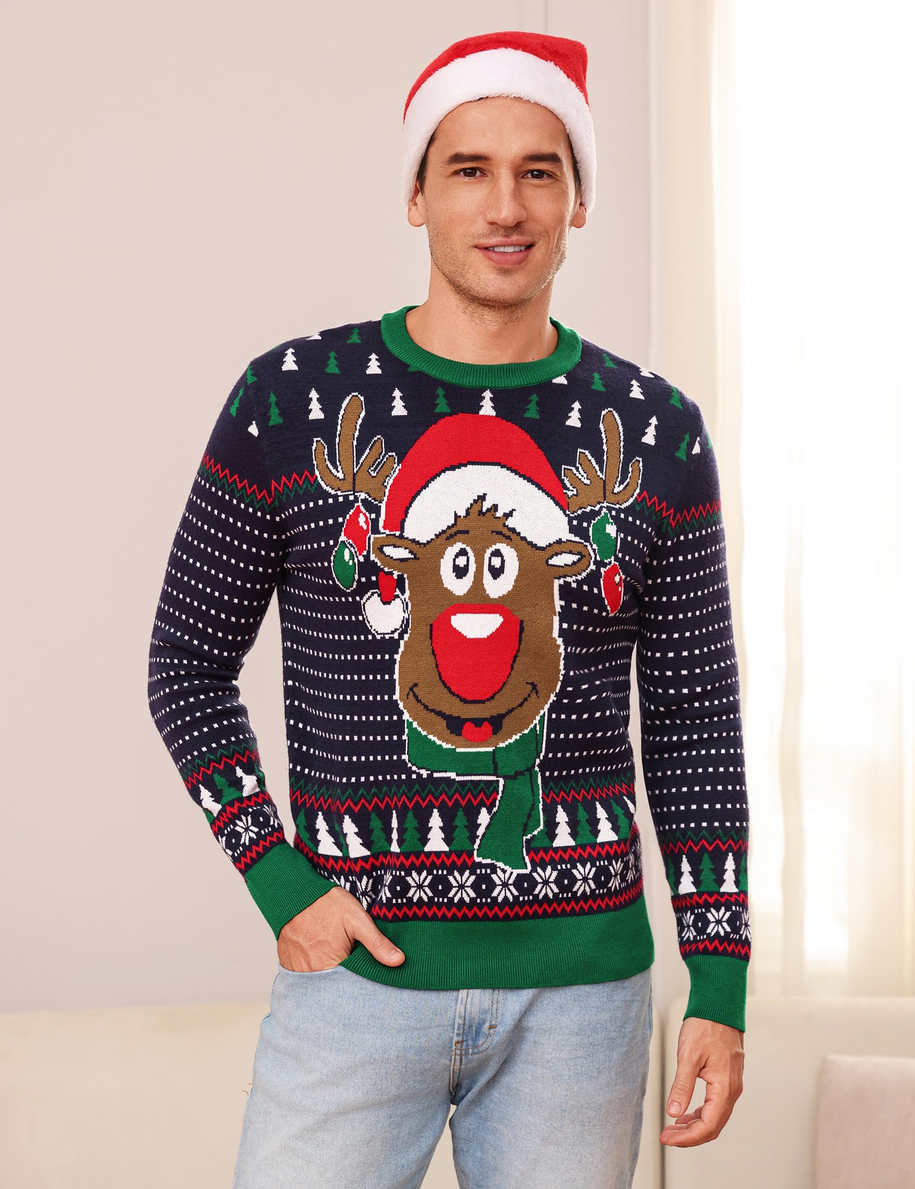 Suéter Navidad Hombre Jerseys de Invierno de Cuello Redondo Suéter de Reno Jerseys Navidad Suave de Manga Larga